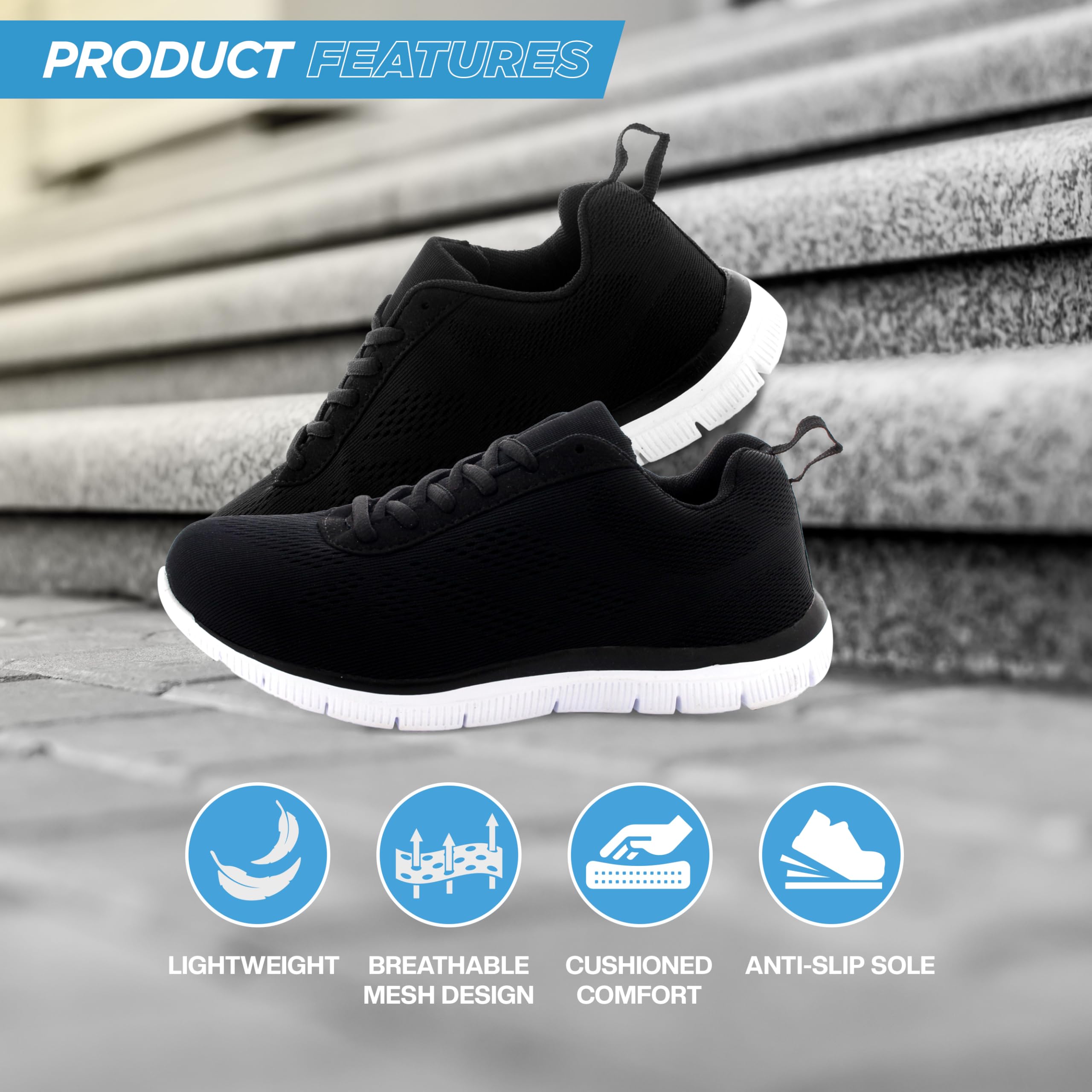 Get Fit Women's Lightweight Running Trainers - Breathable Mesh Gym Shoes with Cushioned Sole - Comfortable Walking & Fitness Sneakers - Lace-Up Athletic Footwear - Black/White - 9-42