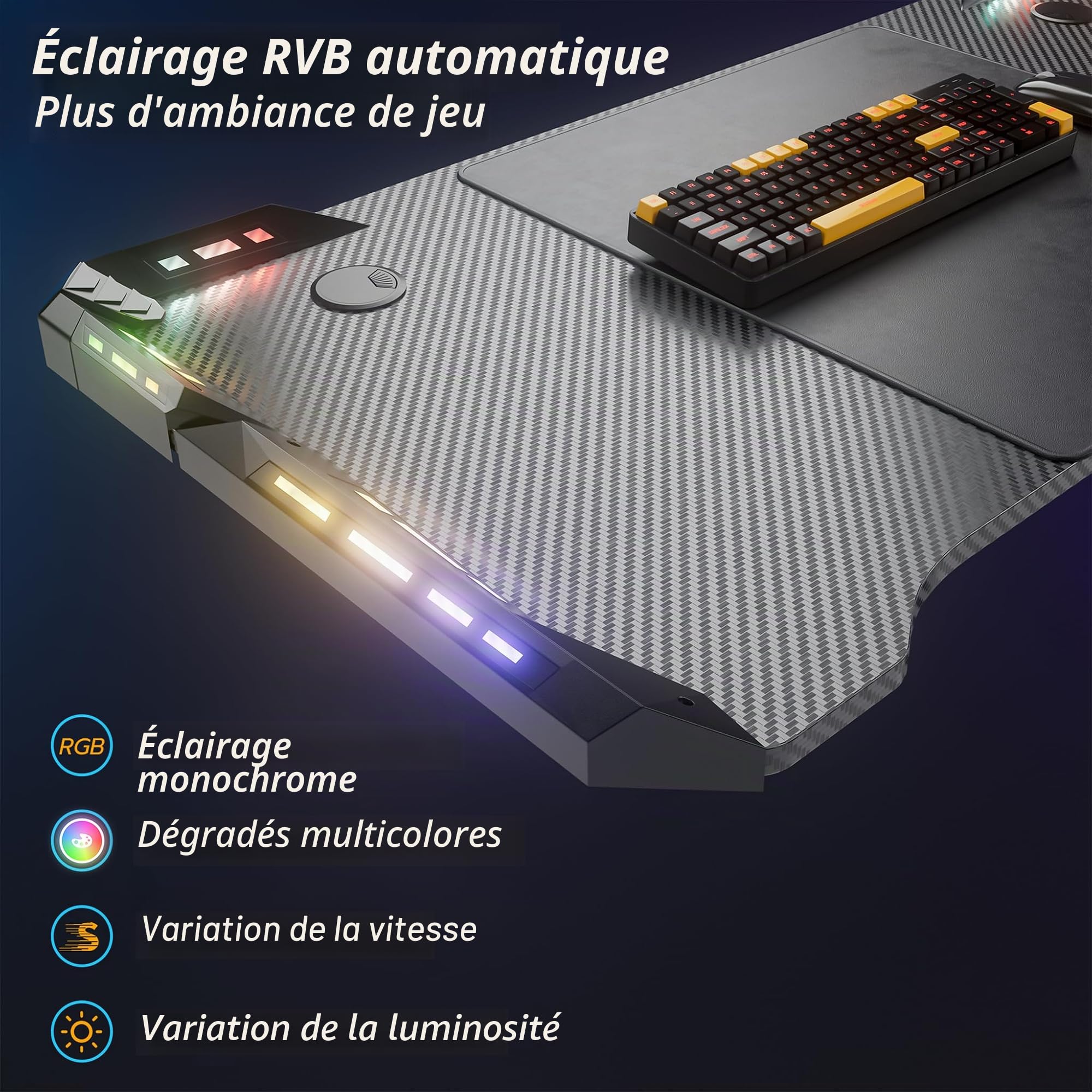 UISEBRT Bureau de jeu M-Frame avec LED, porte-gobelet et crochet pour casque, surface en fibre de carbone, table de jeu, ergonomique, pour chambre à coucher, 160 x 60 x 73 cm