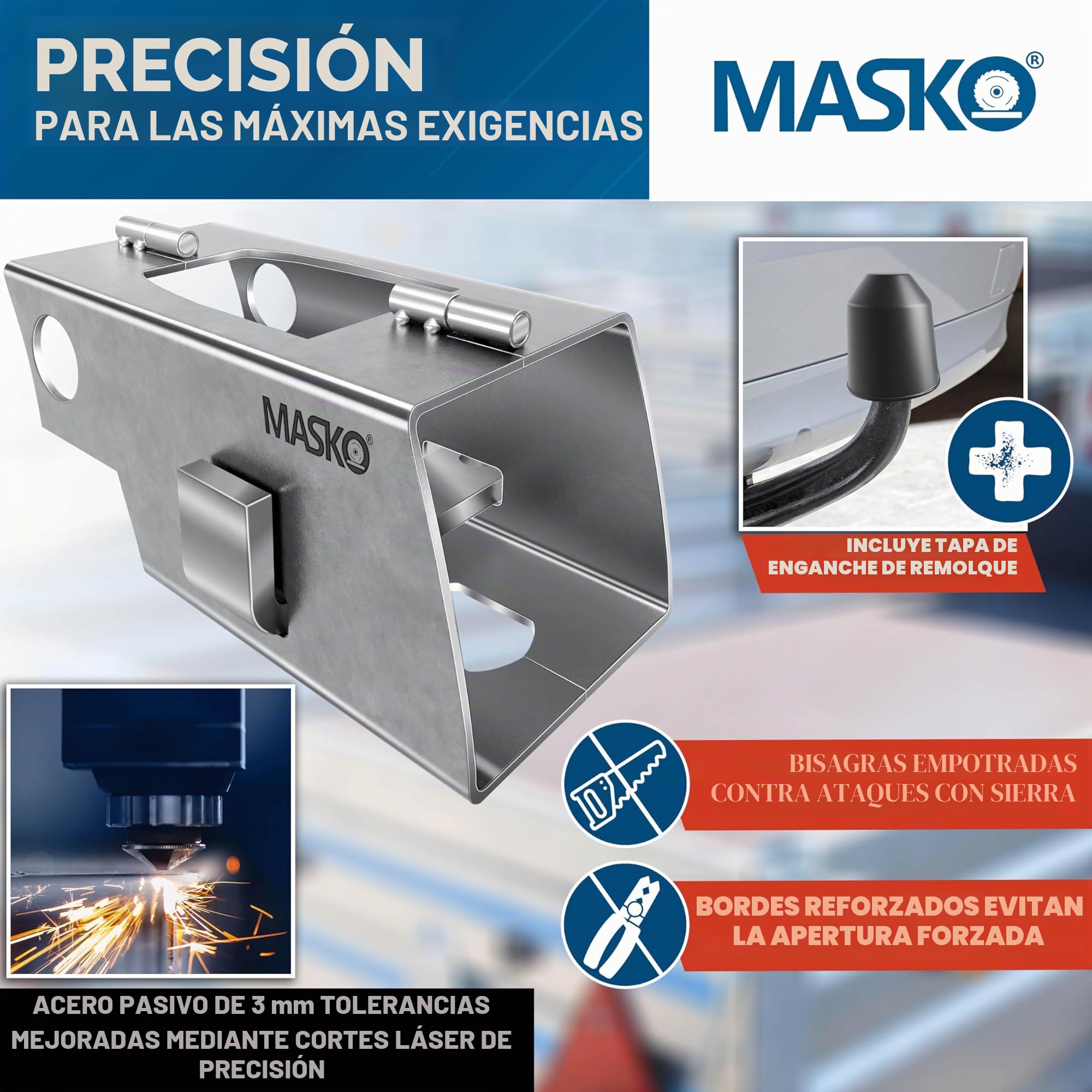 MASKO® Candado de Remolque con Sistema de bisagras para Remolques Acoplados y Desacoplados, Candado antirrobo para Caravana, Incluye Candado de Disco, Llave y Tapa Protectora, Plata