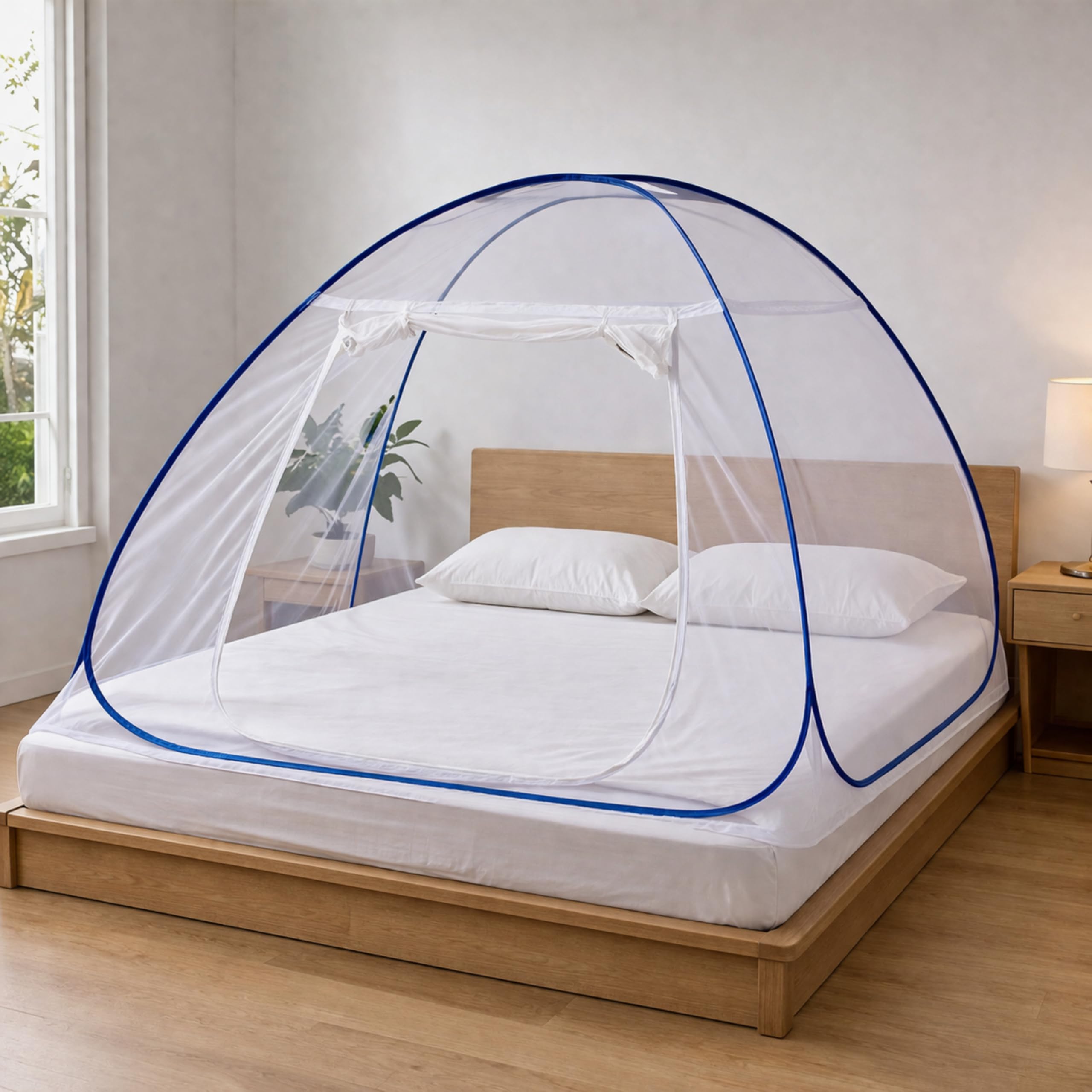 Mosquito Net for Queen Size Bed | Foldable Pop-Up Tent | Fine Mesh 360° Protection (White Net + Navy Blue Border, Queen Bed (Fits Width 4.5 Ft to 5.5 Ft))-image-42
