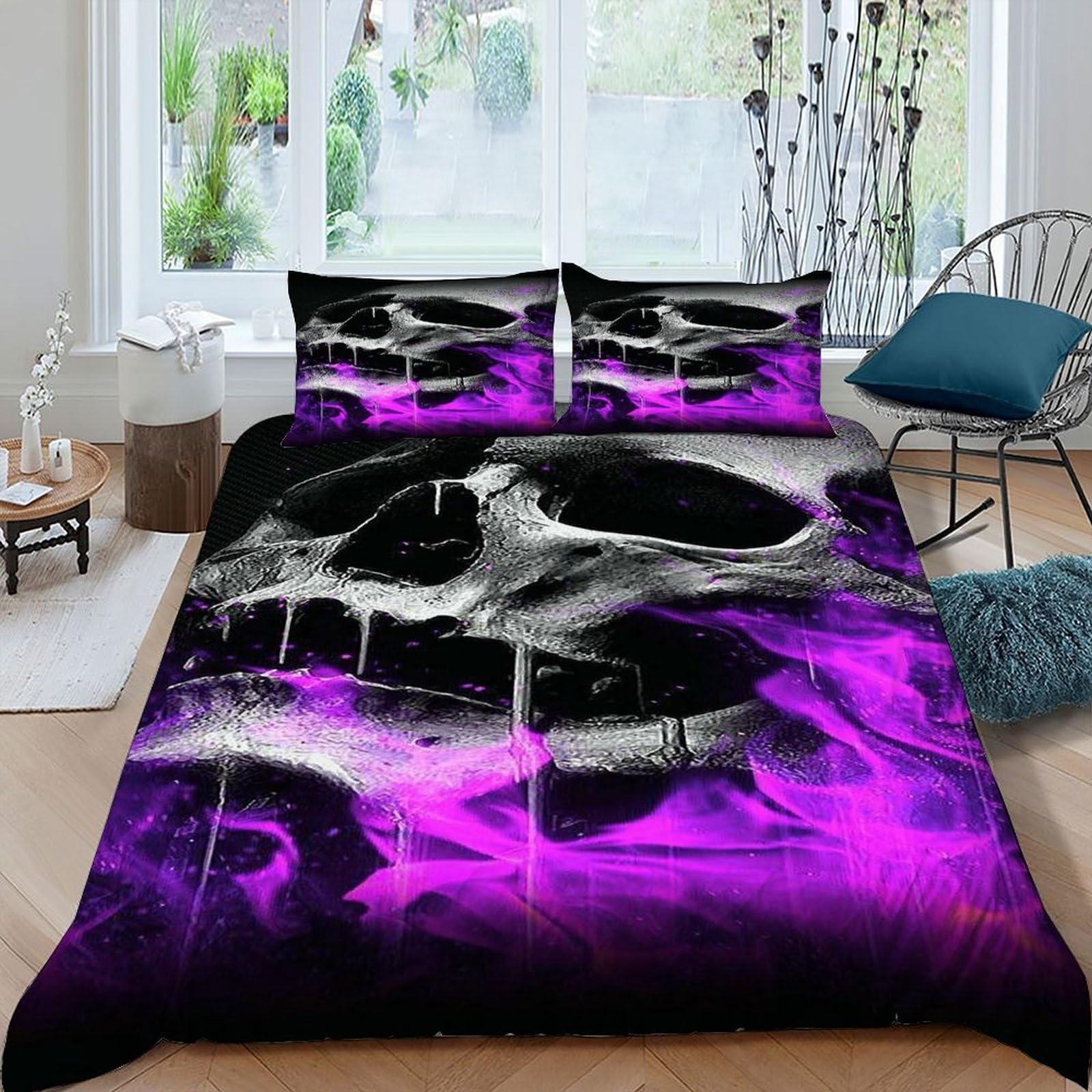 Linge de lit crâne flamme violette 220x240 en microfibre respirante gothique