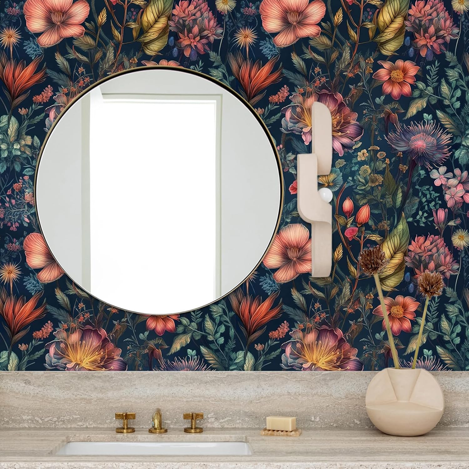 3D Pattern Floral Wallpaper Self Adhesive Peel and Stick Blue Red Botanical Watercolor Vivid Whimsical Flower Contact Paper Removable Waterproof for Bedroom Renter Friendly 17.71"x118.1"