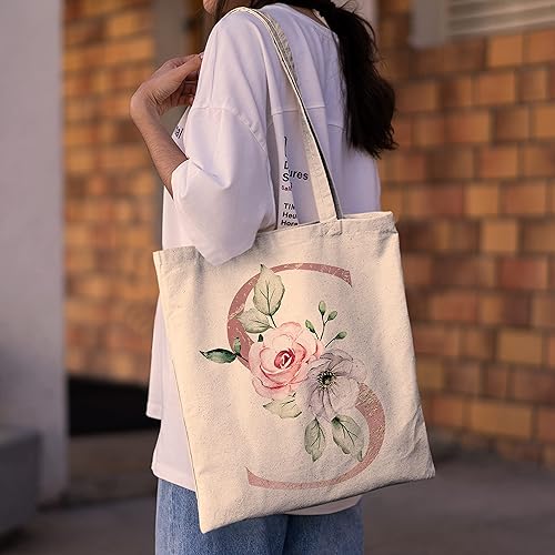 Miniatura 5 de Floral Initial Canvas Bags for Women - Initial Tote Wedding Bag for Bridal Shower - Bachelorette Party Gift for Bridesmaid (Initial #A)