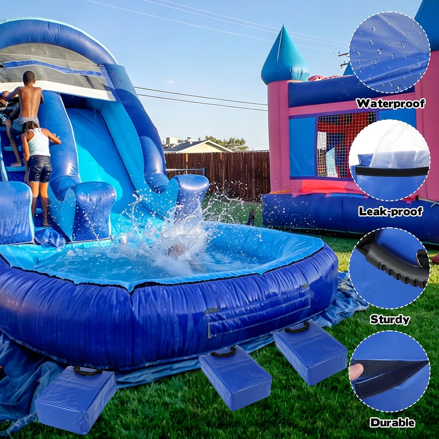 5 Pack Waterproof Sandbags with Handles, Heavy-Duty 50lb Capacity Vinyl Anchor Weights, Training Sand Sack for Securing Inflatable Bounce Houses, Water Slides, Tents & Backyard Parties(Blue)