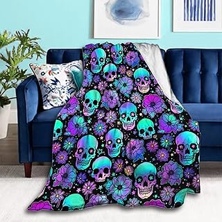 Comfortable Throw Blanket for Bed Couch Sofa, Compatible with Flowers Floral Skull, Lightweight Flannel Blankets and Throws, Fuzzy Couch Microfiber Throw Blankets for Teens Boys Girls