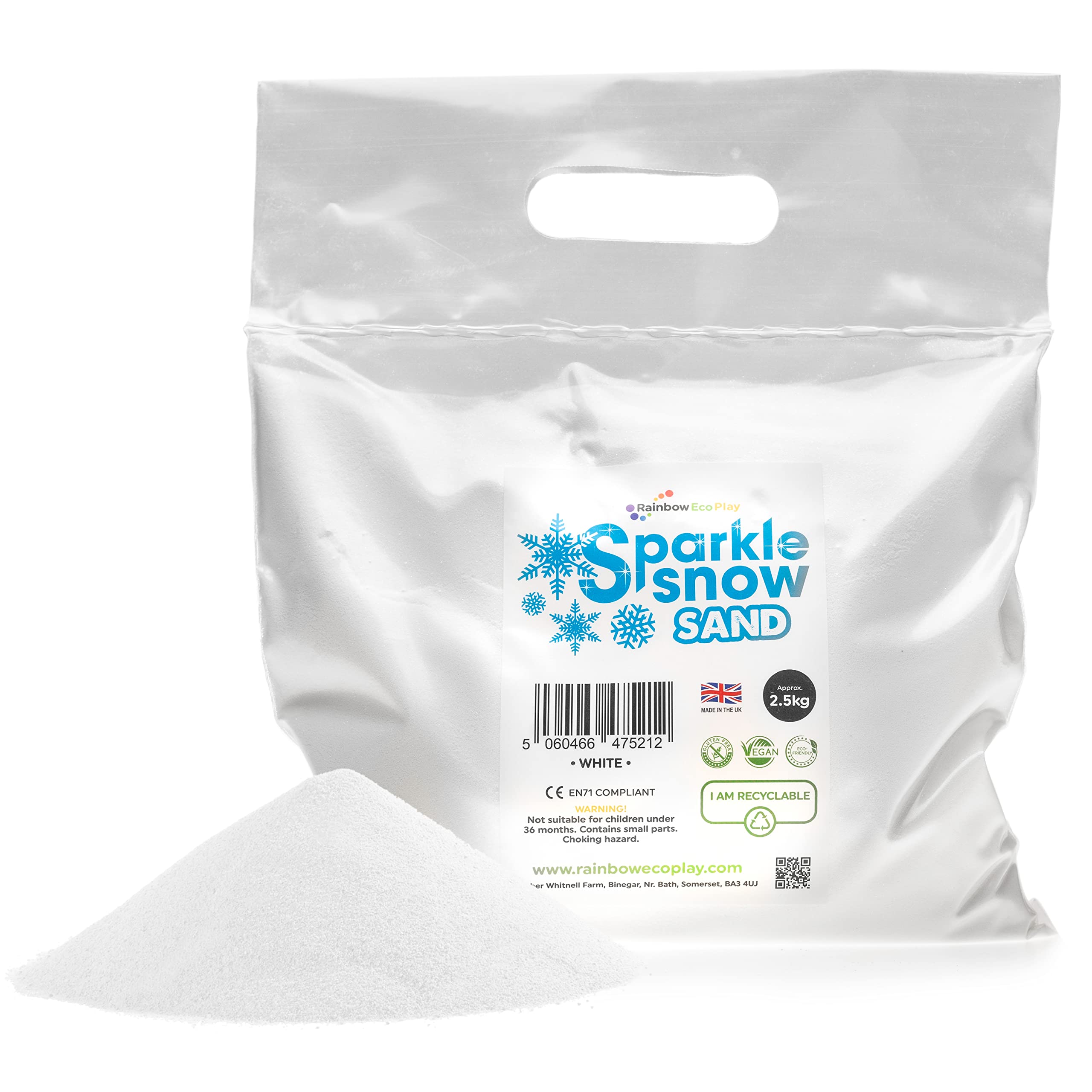 Rainbow Eco Play – Play Sand – Craft Sand – White Sand – Decorative Sand – Arts and Crafts – Coloured Play Sand for Kids - Sparkle Snow Sand – Natural Sand - Fake Snow - 2.5kg