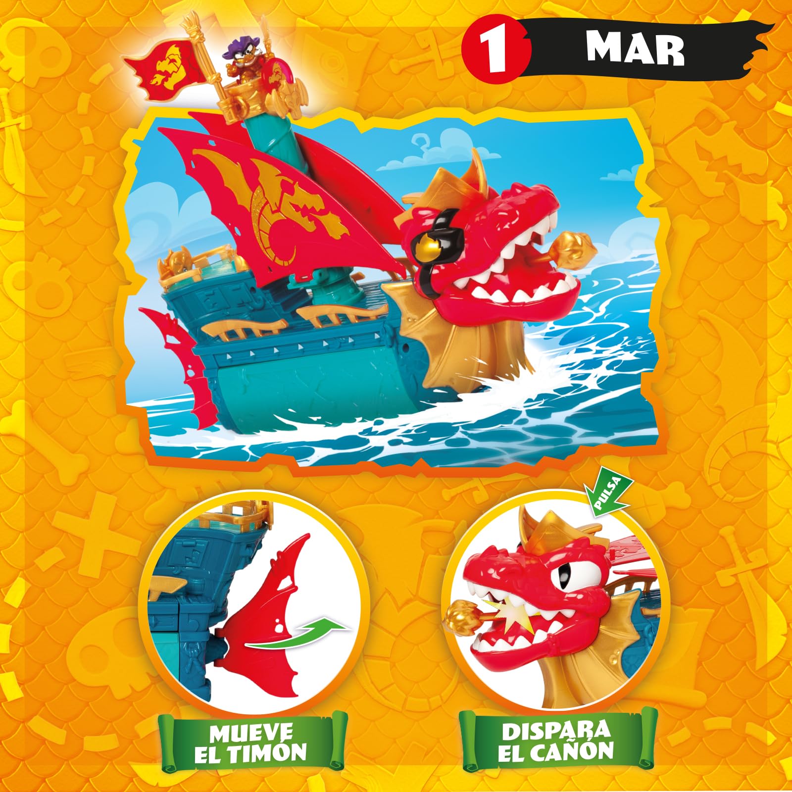 PIRATIX Dragon Ship – Barco Dragón de Piratix Todo Terreno 3 en 1: Tierra, Mar y Aire. Contiene 1 Barco Dragón, 1 Piratix Exclusivo, 1 Tesoro Exclusivo, 1 Bandera y 1 proyectil