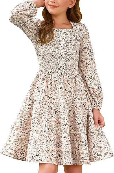 GRACE KARIN Girls Fall Long Sleeve Floral Square Neck Smock Tiered Casual Holiday Teen Dress Size 5-14