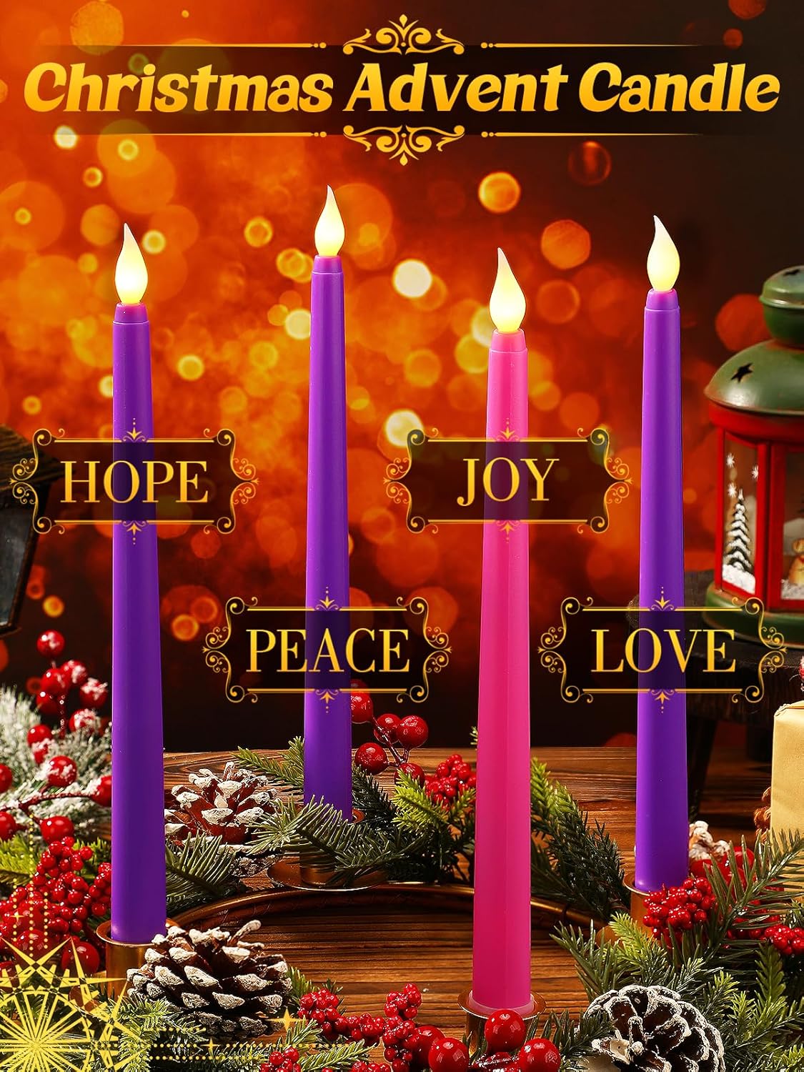 Battery Operated Advent Candles Set of 4 - Advent Taper Candles with Timer, 3 Purple and 1 Pink Flickering Taper Candle for Christmas Church Wreath Rituals