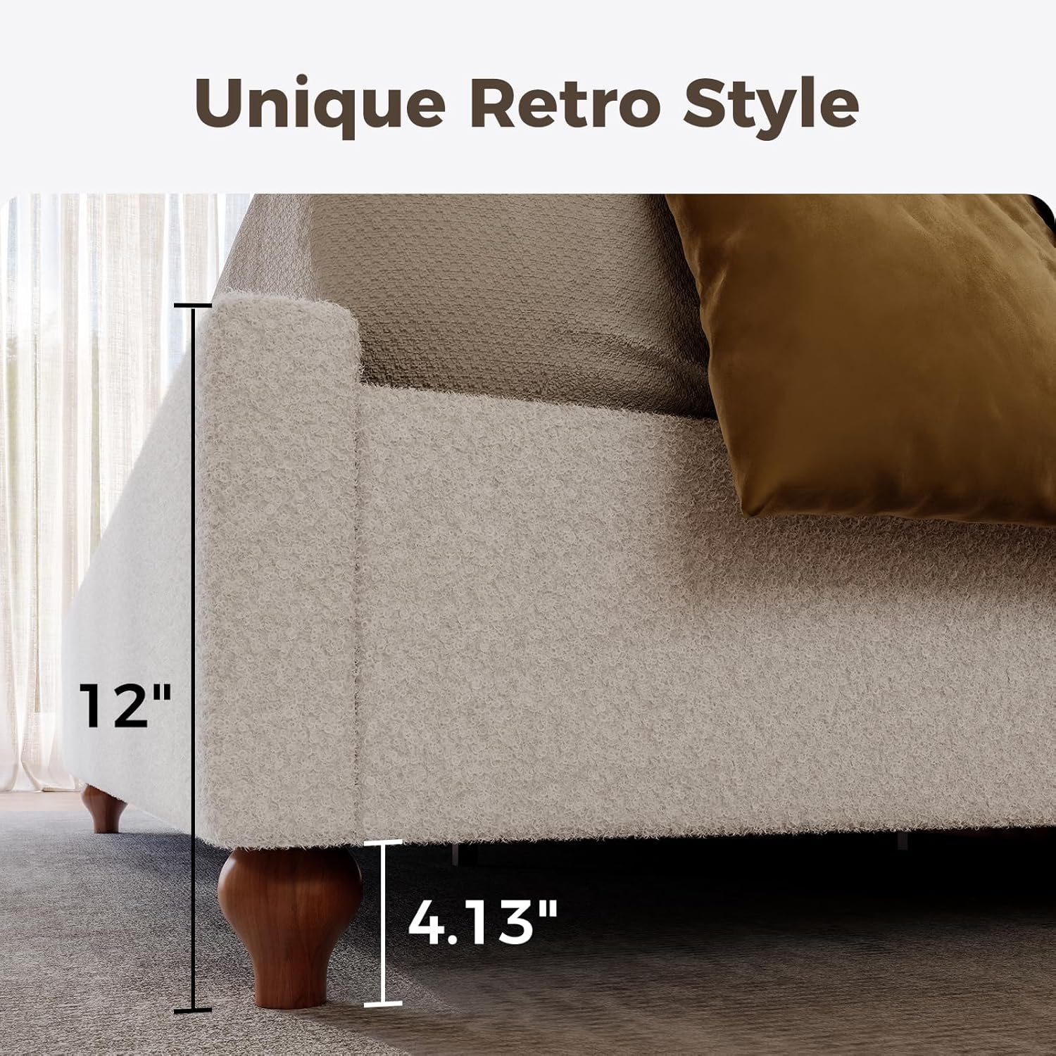 Full Size Bed Frame with High Headboard, Upholstered Teddy Velvet Platform Bedframe,Solid Wood Bedframe, Soft Cloud Bed Frames with Gourd Legs, Upholstered Retro Bed Frame, Easy Assembly, White