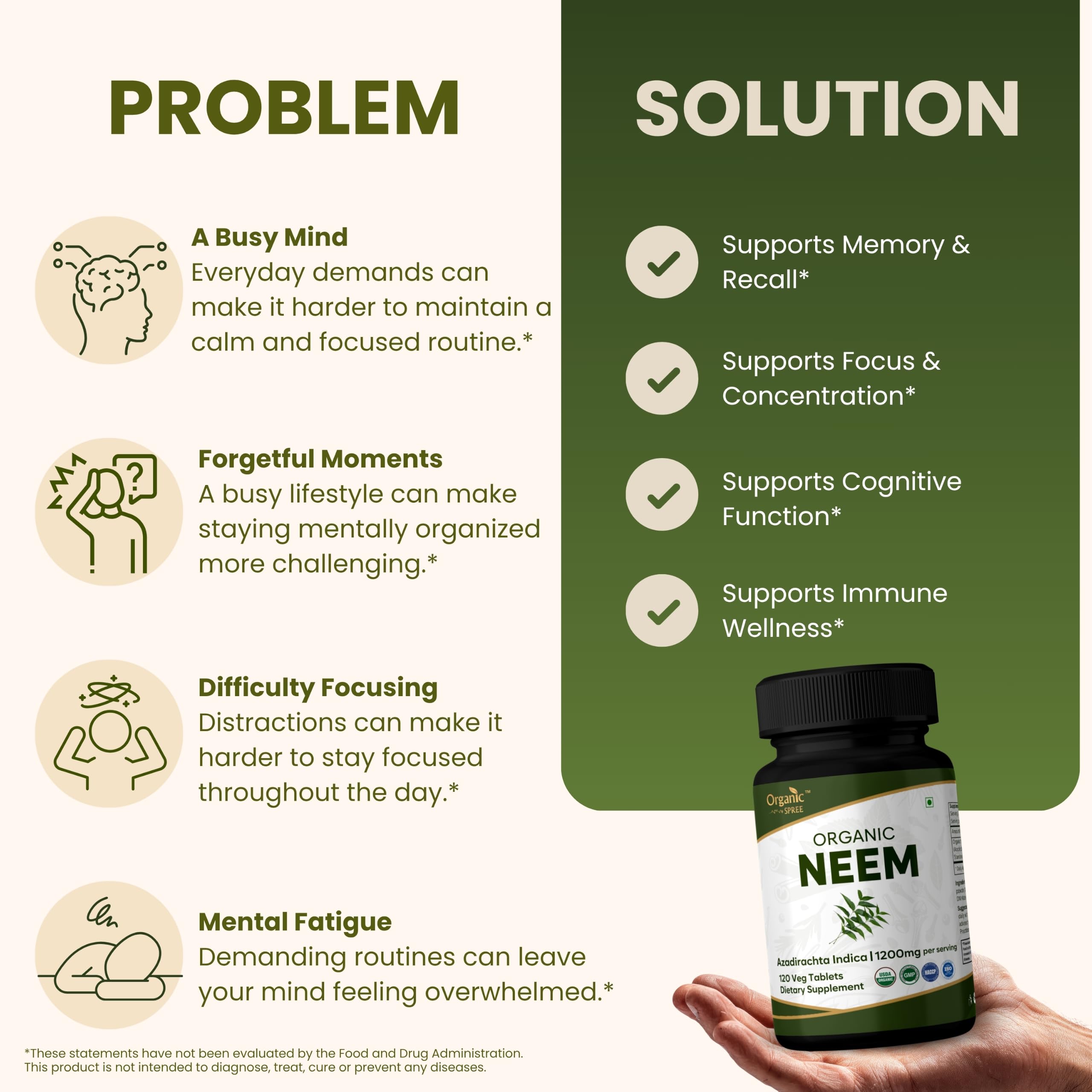 ORGANIC SPREE Neem 120 Tablets - Supports Healthy Skin, Detox & Immune Health* - Azadirachta Indica - 60 Days Supply - USDA Organic, GMP, HACCP Certified — Amazon image 3
