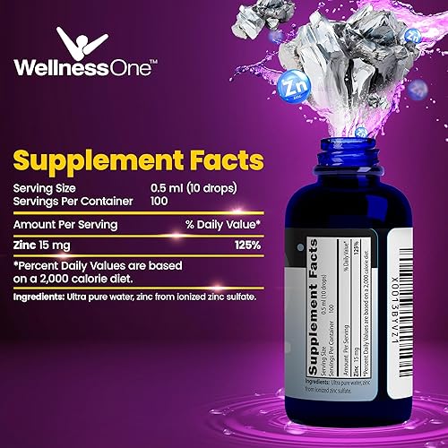 Miniatura 2 de WellnessOne Líquido iónico de zinc  Suplementos de zinc de apoyo inmunológico y cuidado de la piel 100 días  15 mg de sulfato de zinc  Gotas de zinc