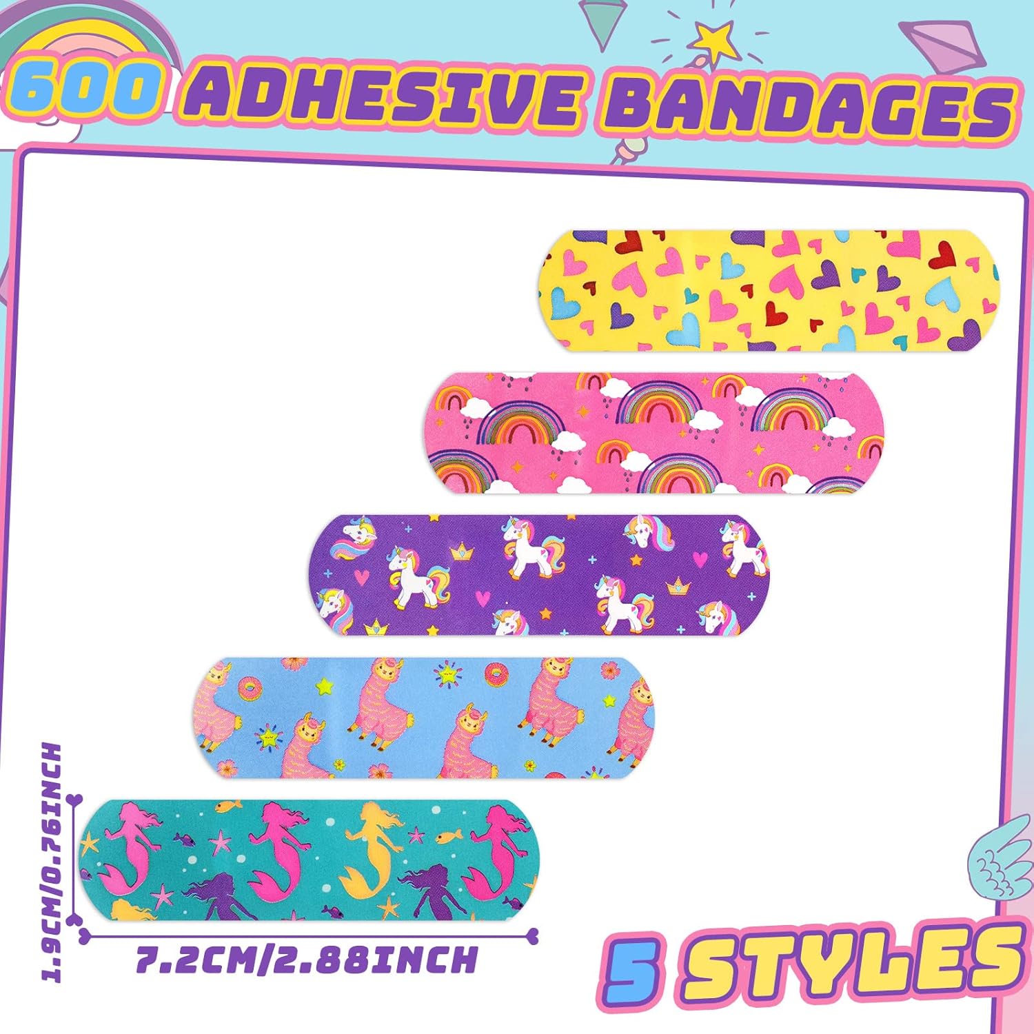 Tondiamo 600 Pieces 5 Styles Cartoon Bandages for Kids Flexible Adhesive Colorful Strips Waterproof Cute Bandages for Girls Repair Tape Knuckle Stickers Protection Care for Cuts Scrapes Burns