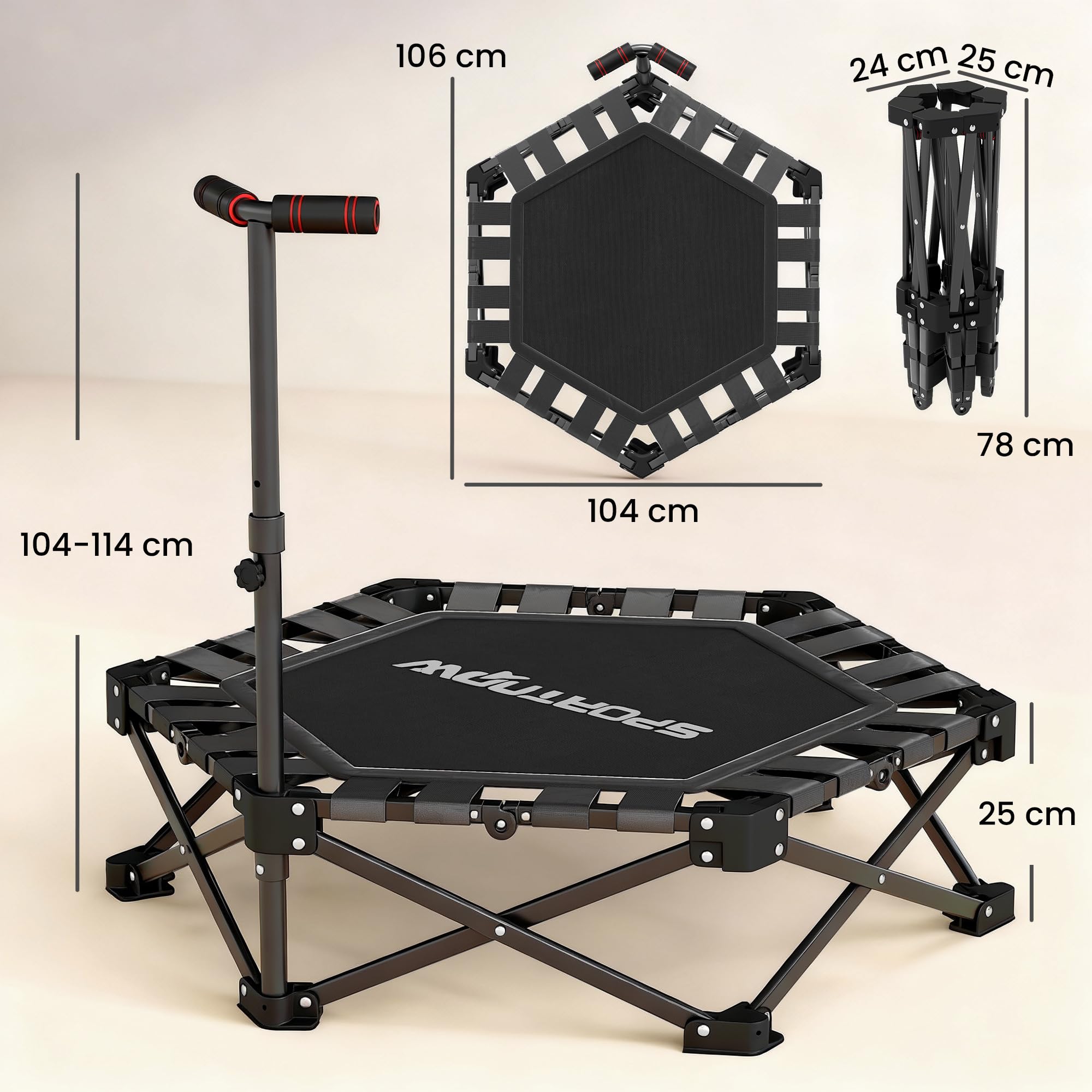 SPORTNOW Trampolino fitness pieghevole, Ø 104 cm, mini trampolino con meccanismo di piegatura rapida, 3 posizioni, regolabile in altezza, borsa di trasporto, trampolino, 120 kg, per interni ed esterni