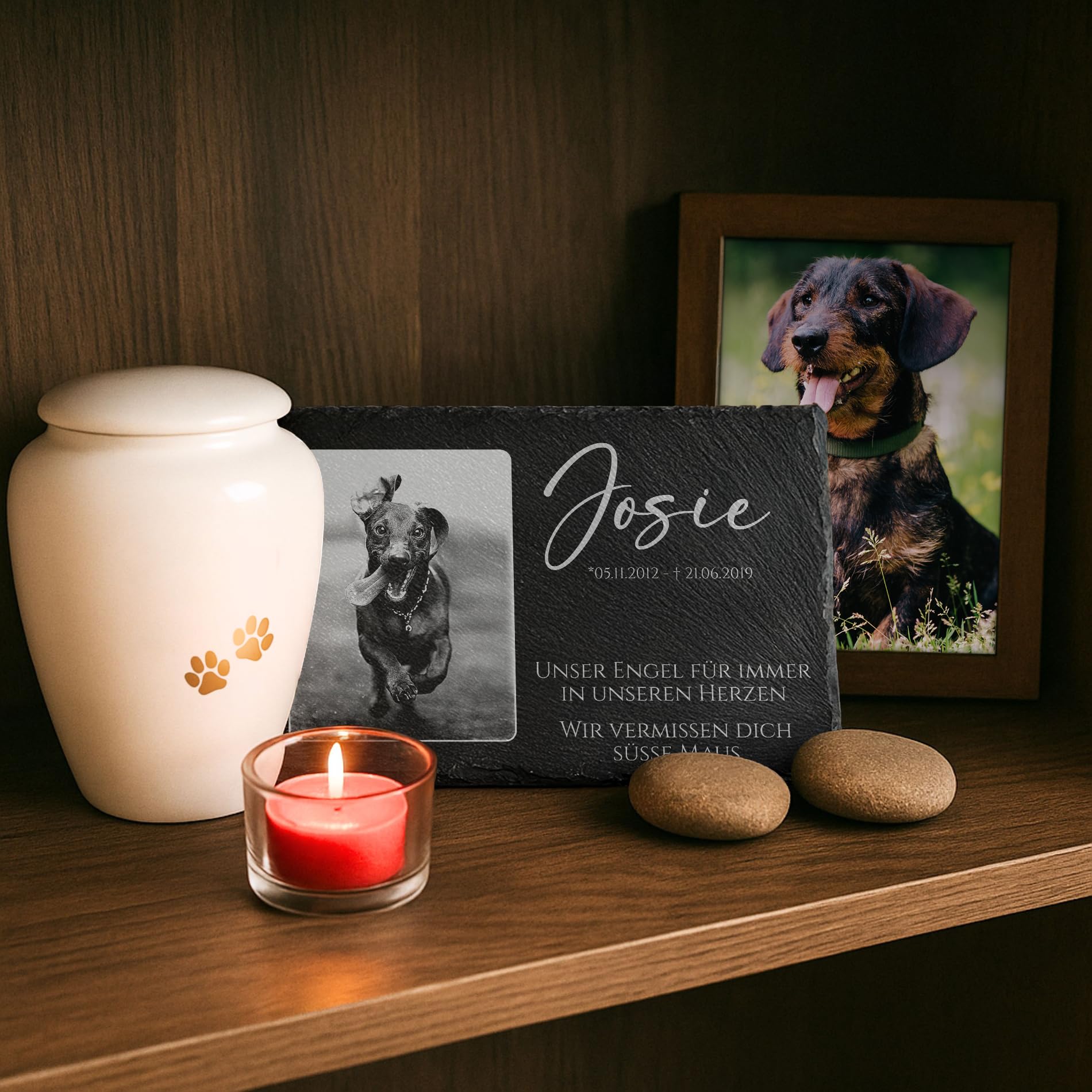 CHRISCK design Grabstein Hund und Katze aus Schiefer mit Gravur & Foto - 22x14 cm o. 30x20 cm - Wetterfester Grabschmuck - Katzen & Hunde Gedenkstein mit Bild & Motiven - Grabplatte Tiergrabstein