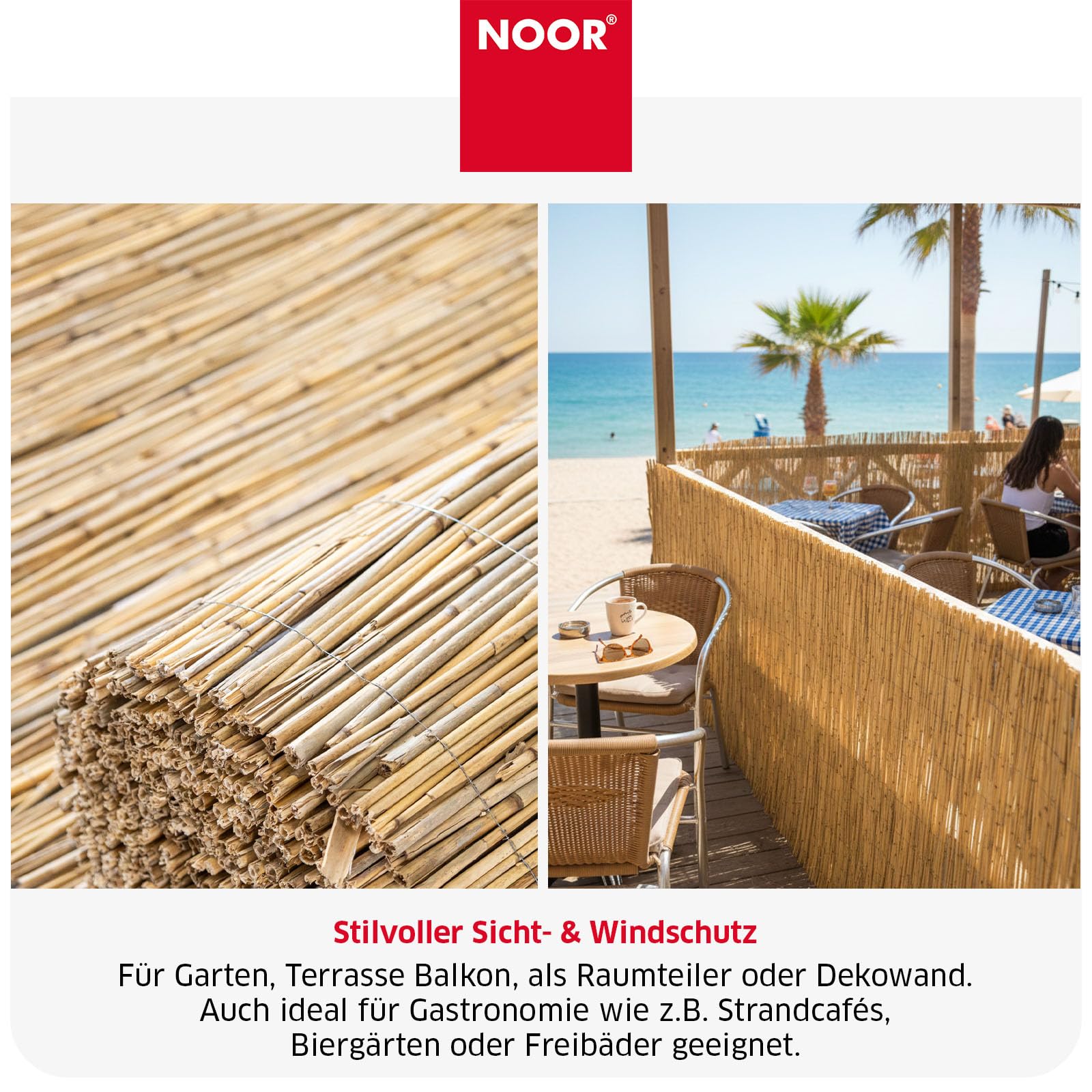NOOR Schilfrohrmatte ST.Tropez - Premium Sichtschutzmatte - Natur 1,2x3,0 m | Hochwertiger Sicht- & Windschutz aus Schilfrohr für Garten, Terrasse & Balkon - Zaunblende verwebt mit verzinktem Draht