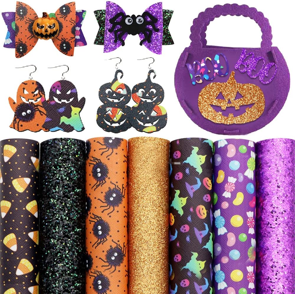 7 Pieces Halloween Faux Leather Sheets, Purple Black Glitter Synthetic Leather Sheets Earrings and Bows, Bat Spider Candy Faux Leather Fabric for Halloween DIY Crafts Making Hair Bows Handmade Bag