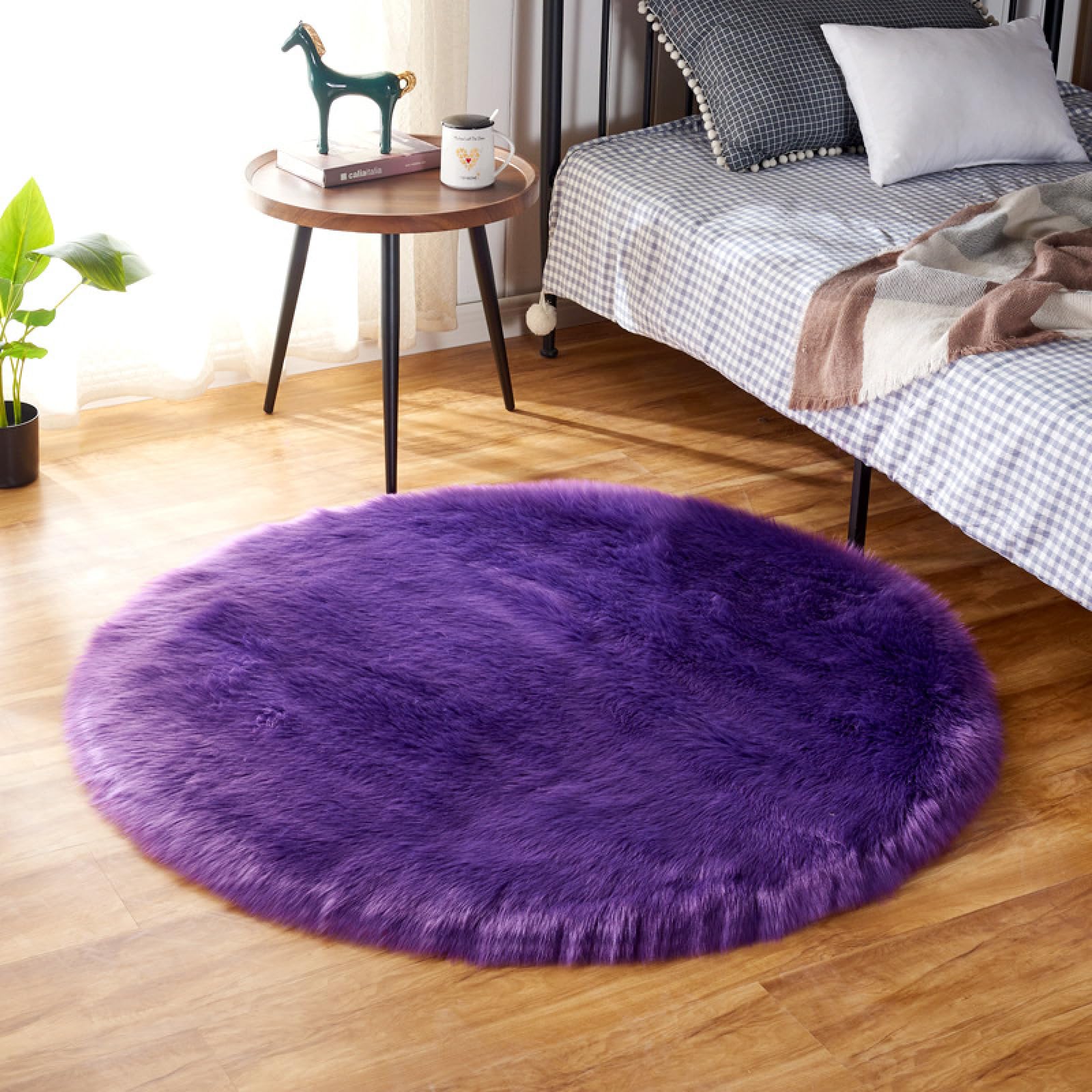 Tappeto rotondo super morbido in pelliccia sintetica, tappeto lavabile peloso, tappeti estetici viola e protezioni, diametro 90 cm/35,4 pollici
