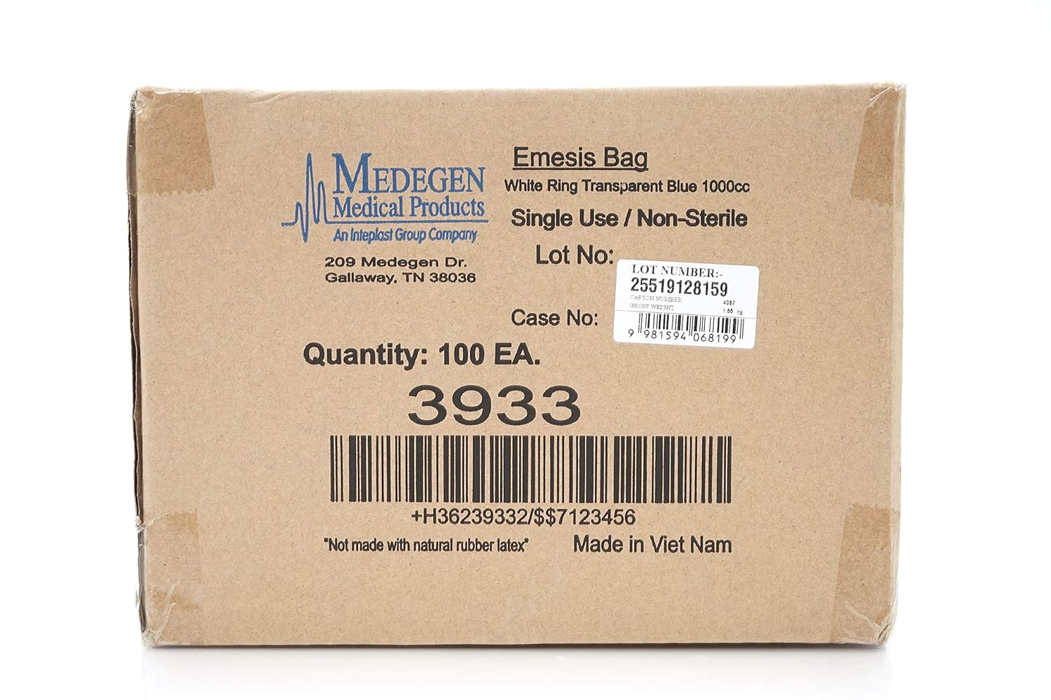 Medegen Medical 3933 Single Use Emesis Bag, Blue/White/Transparent, 1000cc Capacity, Pack of 100
