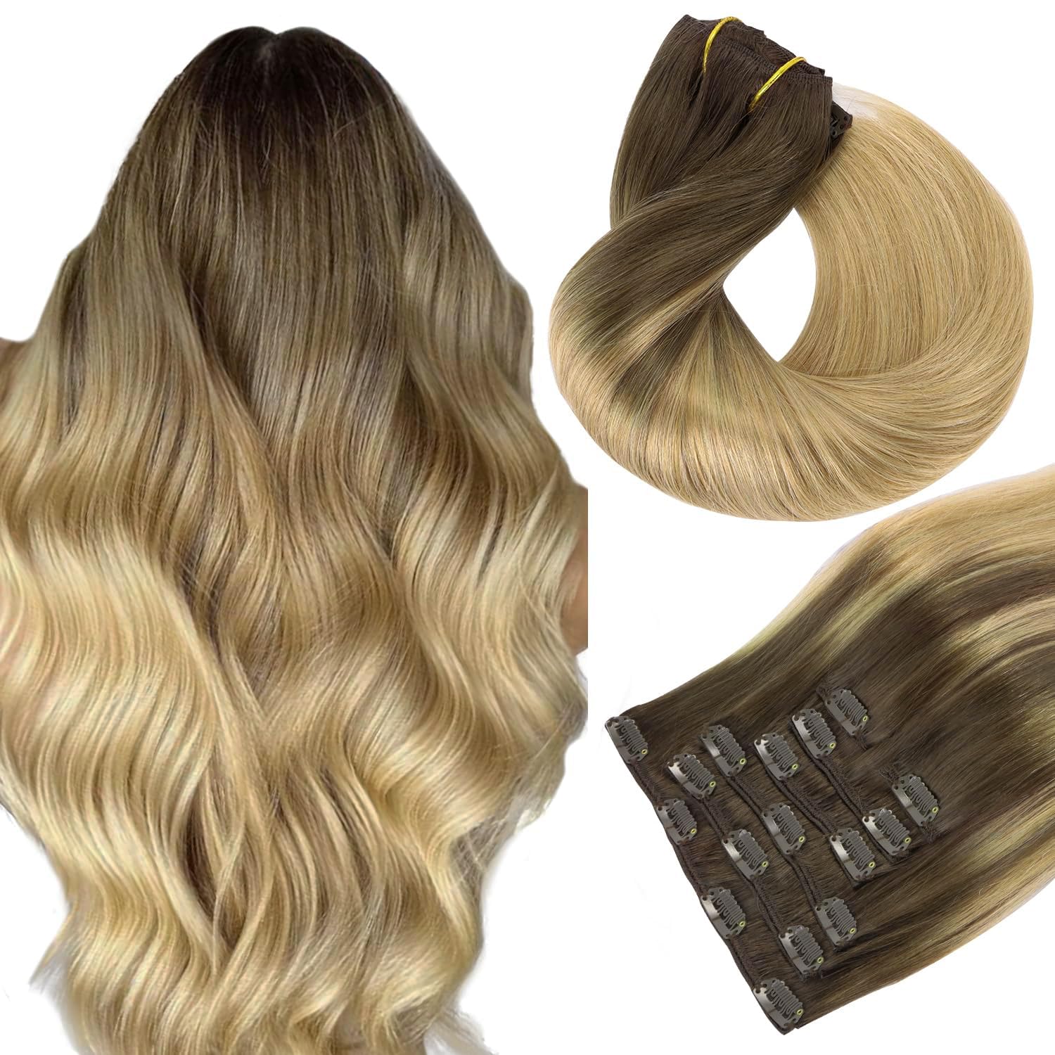 HOTBANANA Human Hair Clip in Hair Extensions, Balayage Chocolate Brown to Dirty Blonde 120g Clip in Hair Extensions Real Human Hair Straight Remy Hair