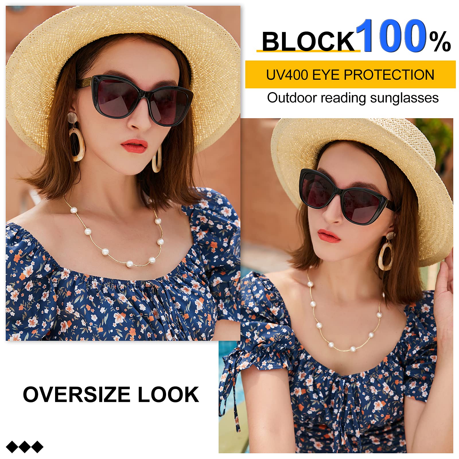 MARE AZZURO Cat Eye Reading Sunglasses Women Oversized Square Sunglasses Readers 0 1.0 1.25 1.5 1.75 2.0 2.25 2.5 2.75 3.0 3.5 (Black, 3.50)