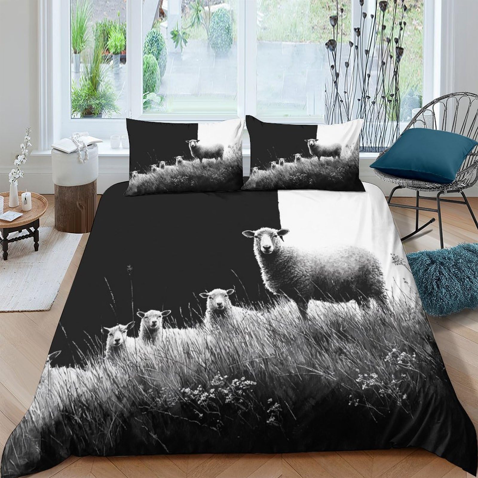 XFKLYNVCJ 3D Printed Sheep herd Bedding Cover Polyester Rural pastoral scene Duvet Cover Shrink Resistant Easy Care for Housewarming Gift New Home Bedroom Use Single（140x200cm）