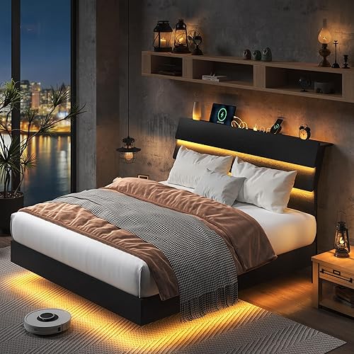 Miniatura 8 de Feonase Base de cama flotante tamaño Queen con luces LED y estación de carga, base de cama de madera tamaño Queen con cabecero de almacenamiento,