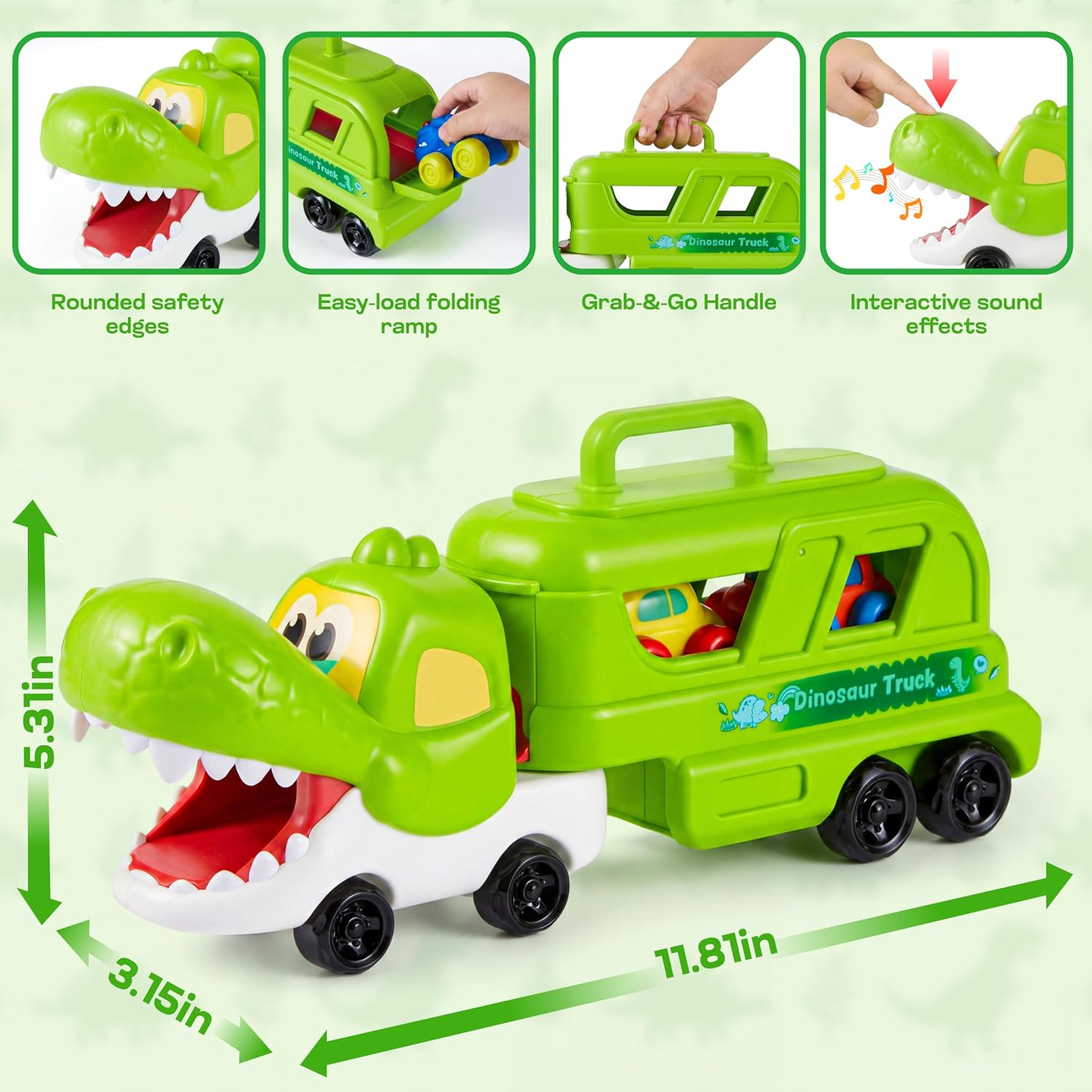 JOYIN Dinosaur Toys for Kids 18M+, Dinosaur Carrier Truck with 3 Rubber Car Vehicles Internal Slide Rails, Todder Toys with Music & Lights Birthday Gifts for 2 3 4 Year Old Boys Girls