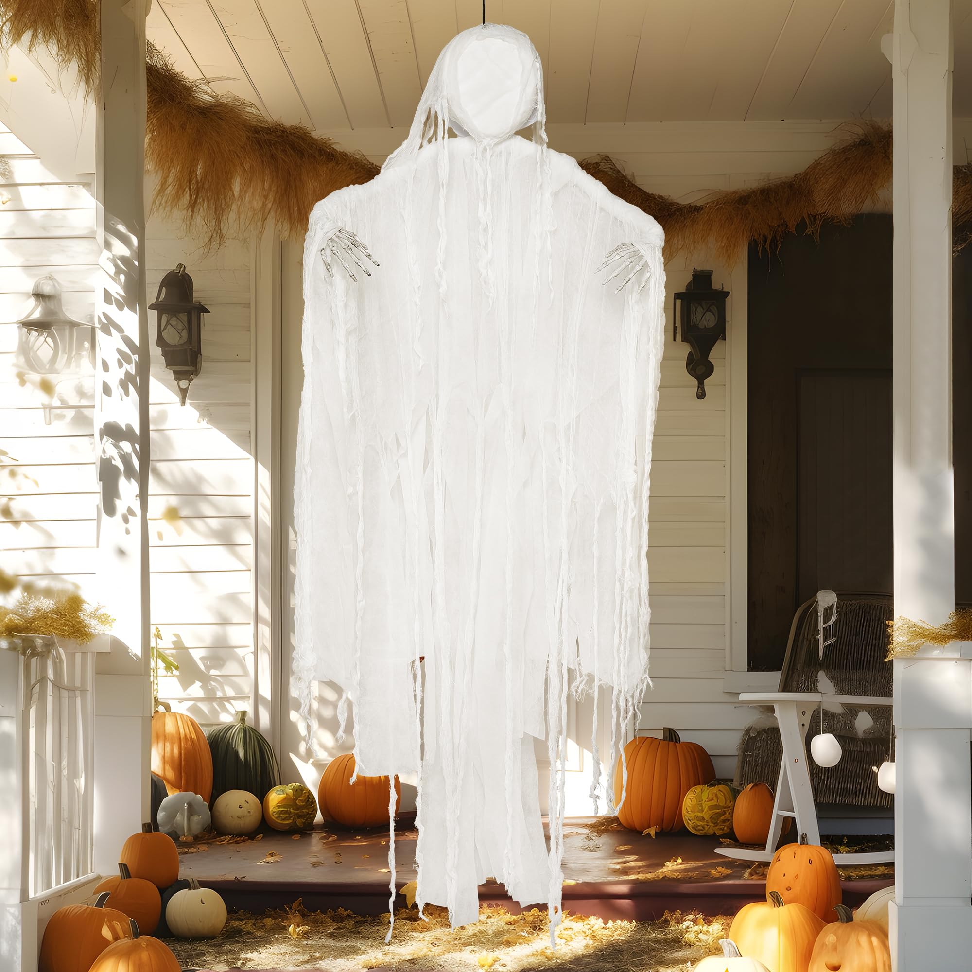 JOYIN Wiszący ponury żniwiarz 160 cm, duch bez twarzy w kolorze białym na Halloween, dekoracje wewnętrzne/zewnętrzne, dekoracja nawiedzonego domu, trawnik, wiszące dekoracje na podwórko