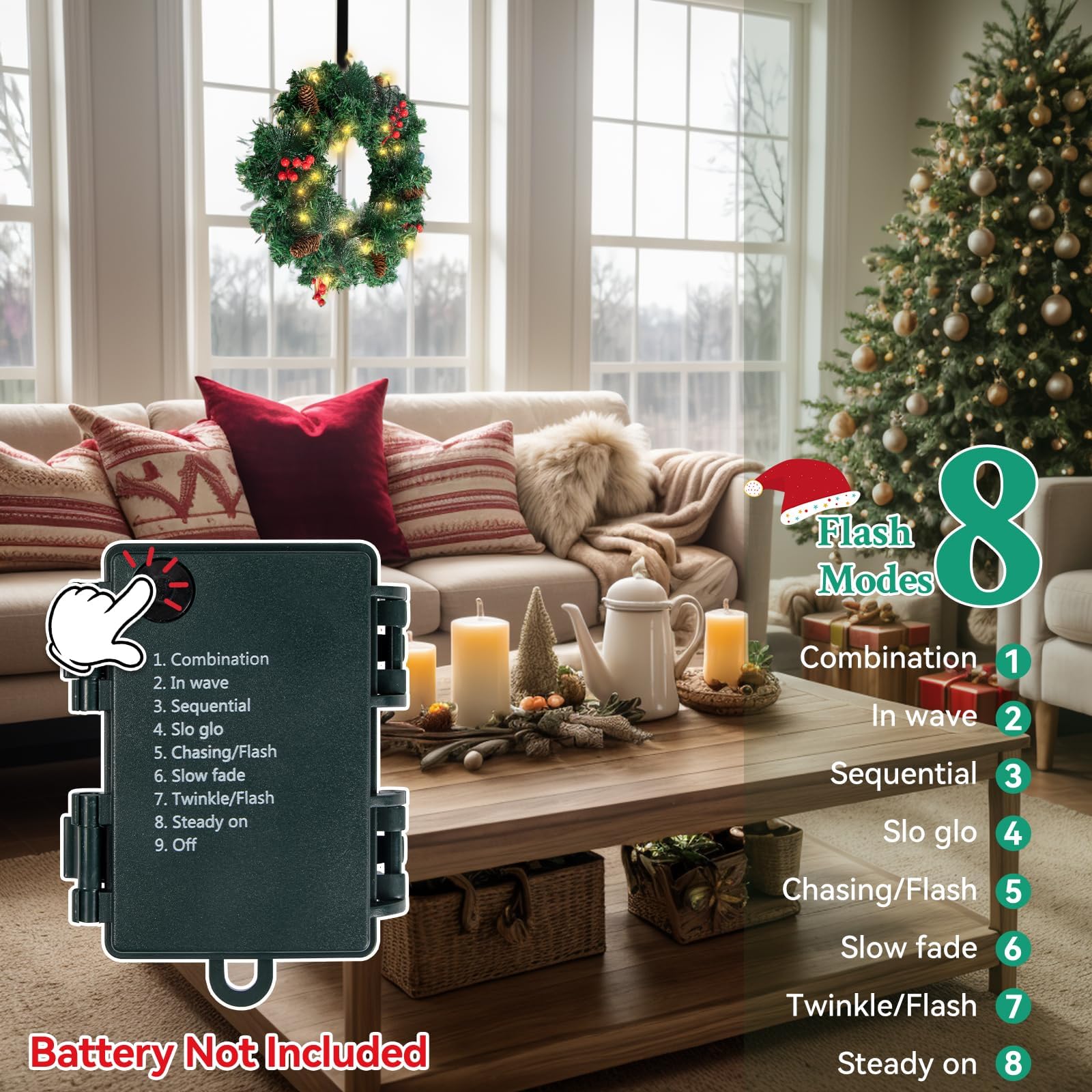 16in Couronne de Noël, LED Guirlande de Noël 8 Modes Couronne de Porte de Noël Artificielle avec Pommes de pin, Baies Rouges, Décoration de Noël pour Porte, Fenêtre, Cheminée, Mur