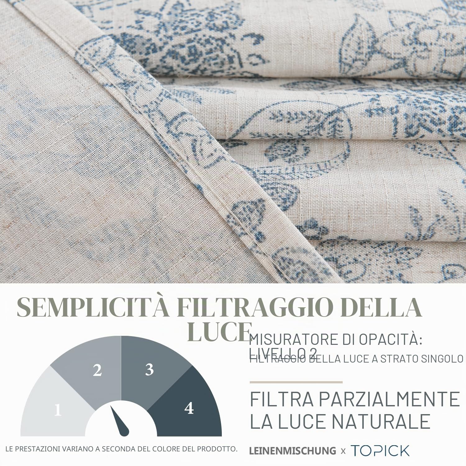 TOPICK Tendina in lino con stampa floreale bistrò, semitrasparente, trasparente, per cucina, soggiorno, campagna