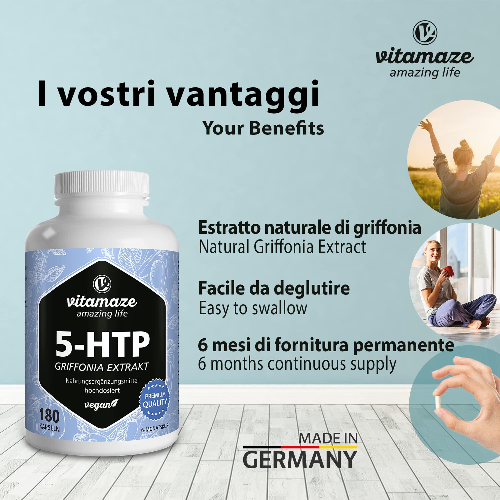 Vitamaze® Griffonia 5-HTP Alto Dosaggio 600 mg, 180 Capsule (per 6 Mesi) Vegane di Estratto di Semi di Griffonia Potente Dosi, Integratore senza Additivi non Necessari, Qualità Tedesca