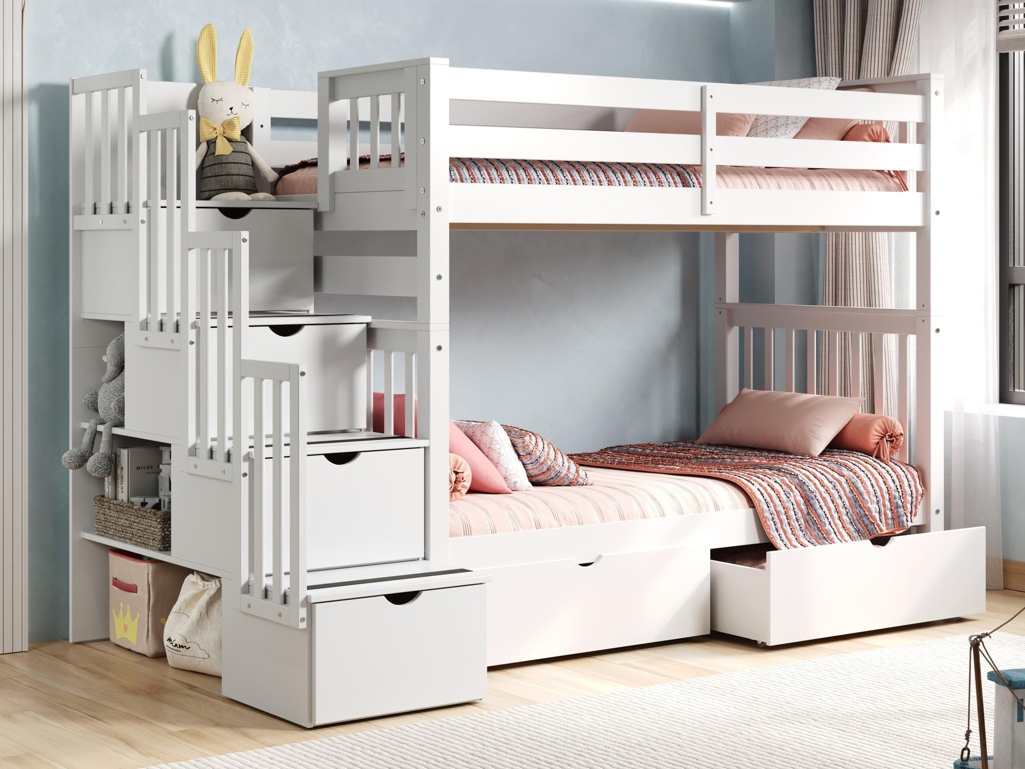 Bedz King Tall Stairway Bunk Beds Twin over Twin with 4 Drawers in the Steps and 2 Under Bed Drawers, White