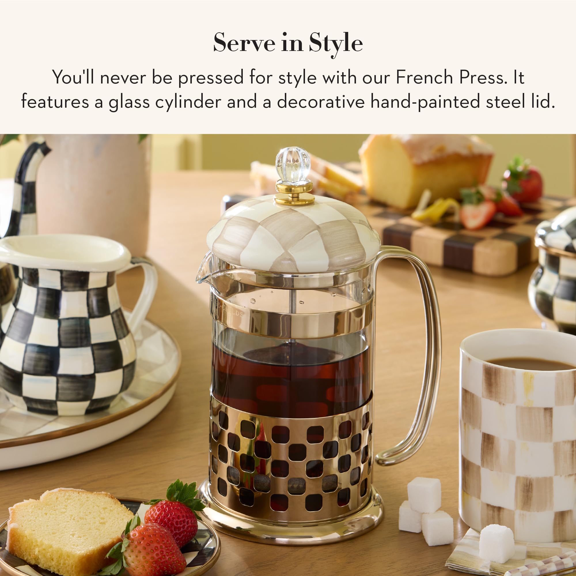 MACKENZIE-CHILDS Coffee French Press, Glass French-Press Coffee Maker, 32-Ounce Capacity, Brown-and-White Mocha Check - 3