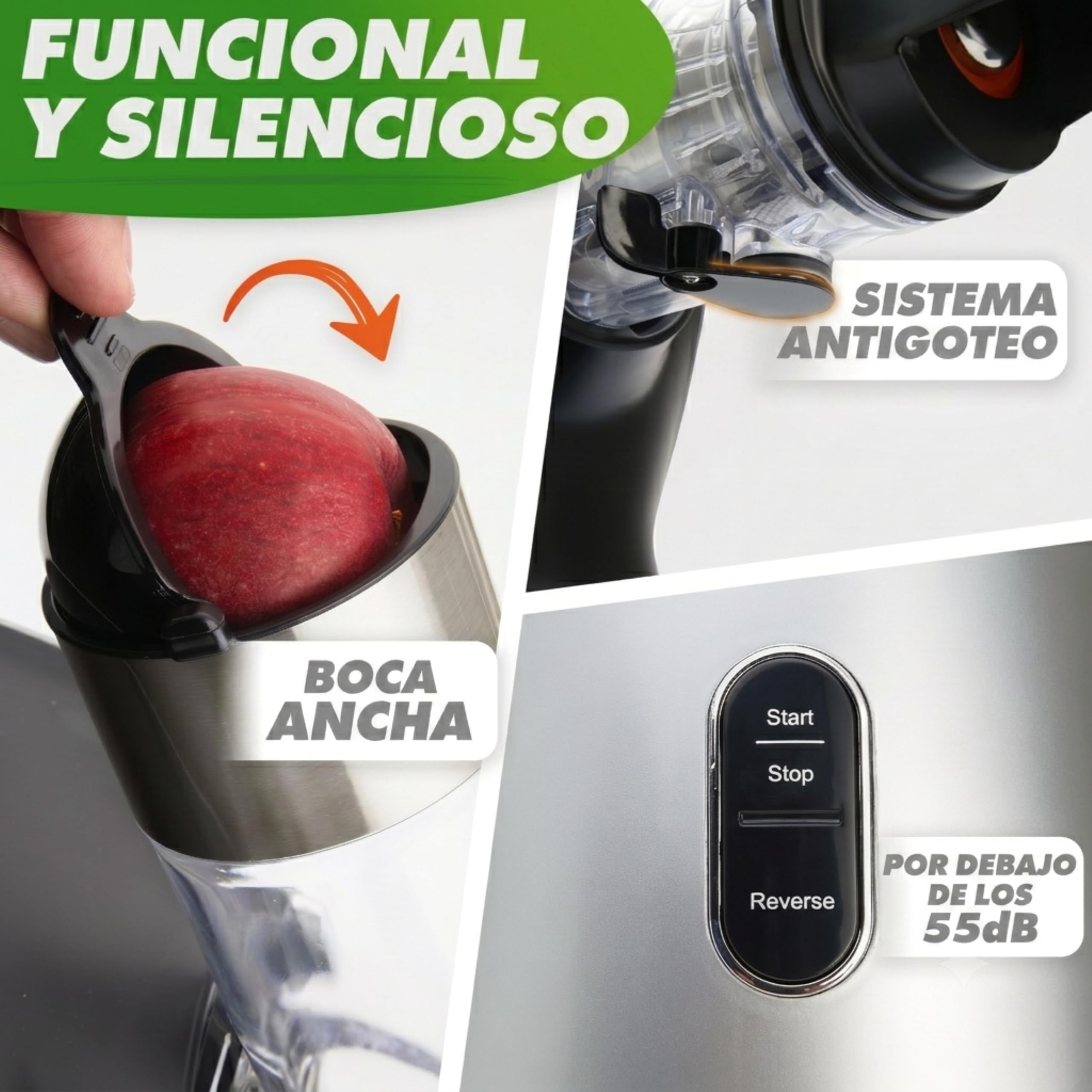 Nutrilovers Slow Juicer GREEN-PRESS MAX Licuadora extractor de jugos con tornillo de acero inoxidable, libre de BPA, ganador de pruebas, exprimidor eléctrico