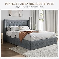 Vista 4 de SHA CERLIN Marco de cama tamaño queen con almacenamiento abatible, cabecero acolchado con botones, plataforma tapizada, almacenamiento hidráulico