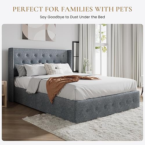 Miniatura 4 de SHA CERLIN Marco de cama tamaño queen con almacenamiento abatible, cabecero acolchado con botones, plataforma tapizada, almacenamiento hidráulico,