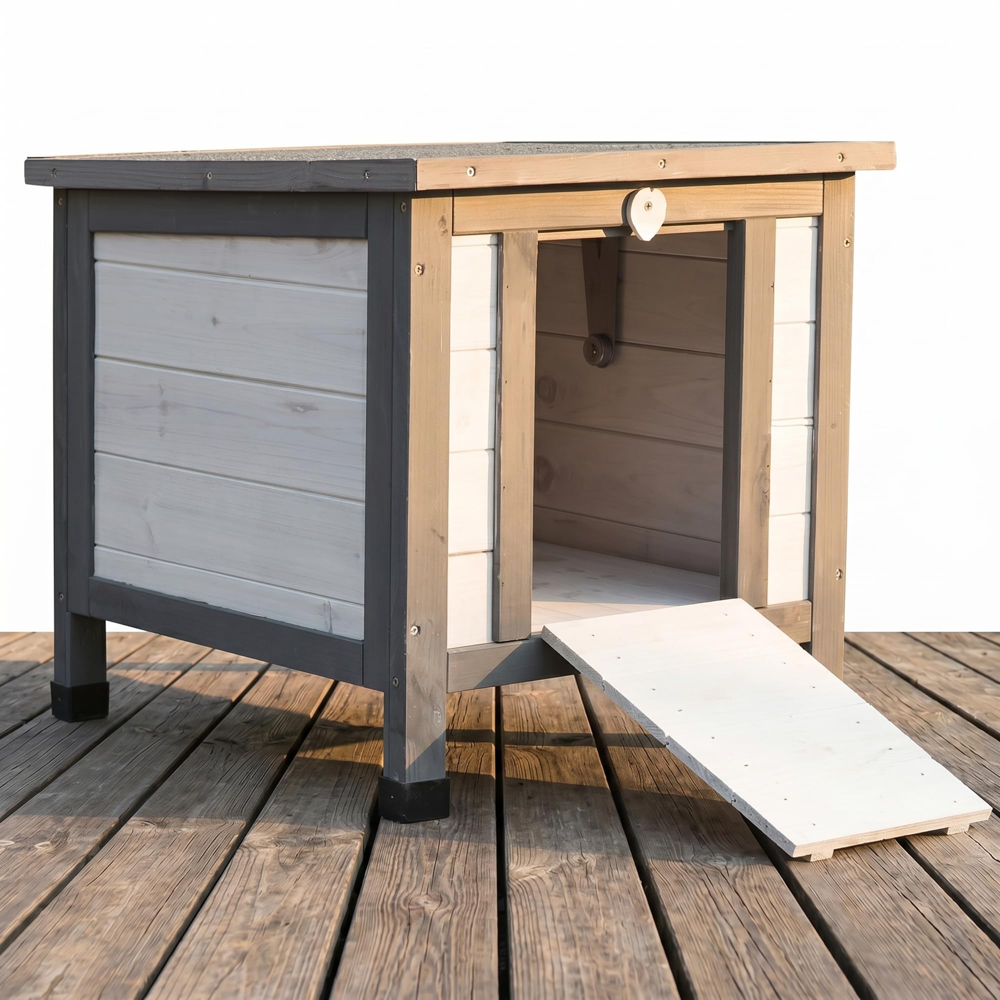 Mucola Katzenhaus Winterfest mit klappbarem Deckel und Rampe 50x45x43cm Katzenhütte Outdoor Wurfkiste Holz Katzenhöhle Katzenschlaftplatz
