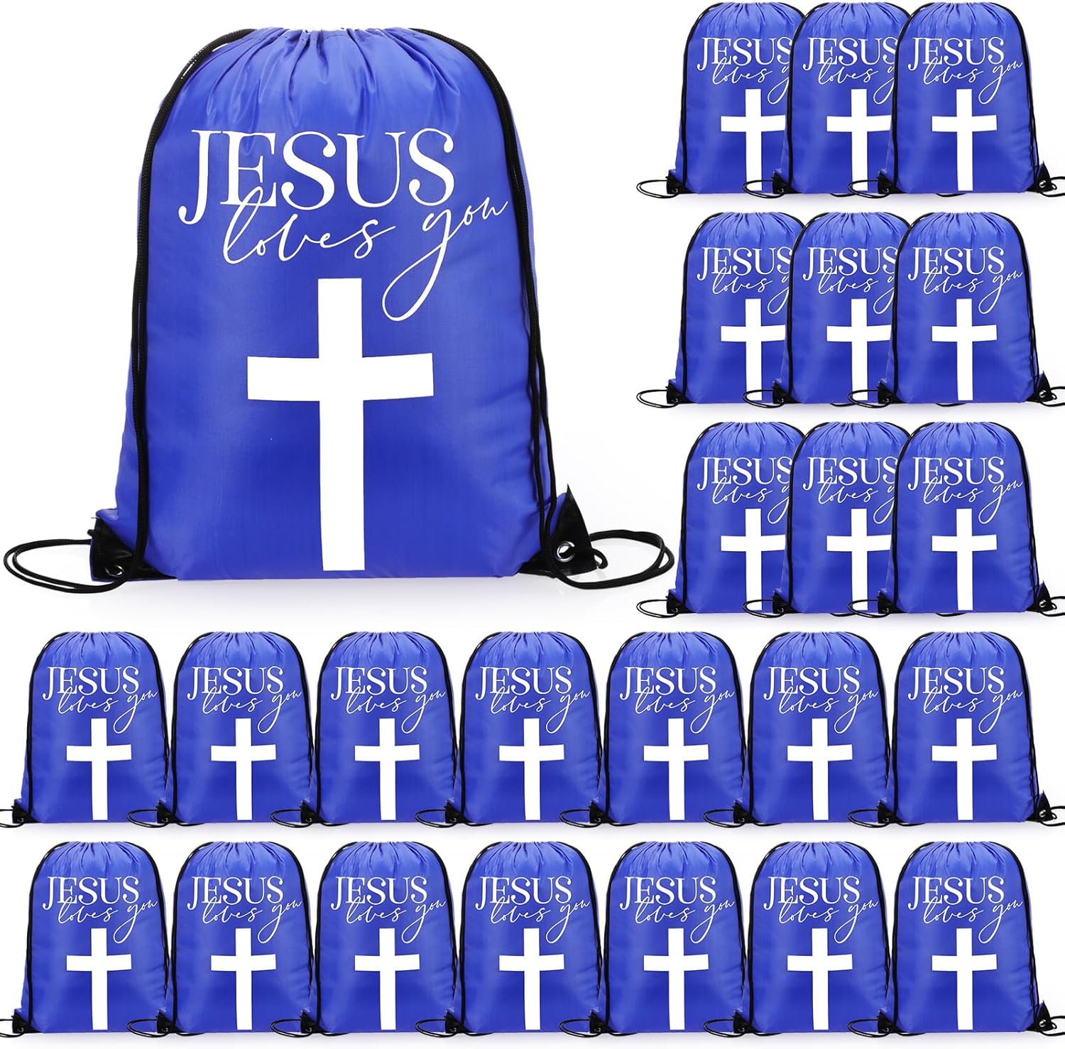 24 Pcs Christian Drawstring Bags Jesus Loves You Religious Backpack for Vbs Catholic Christian Bulk Gifts(Black)