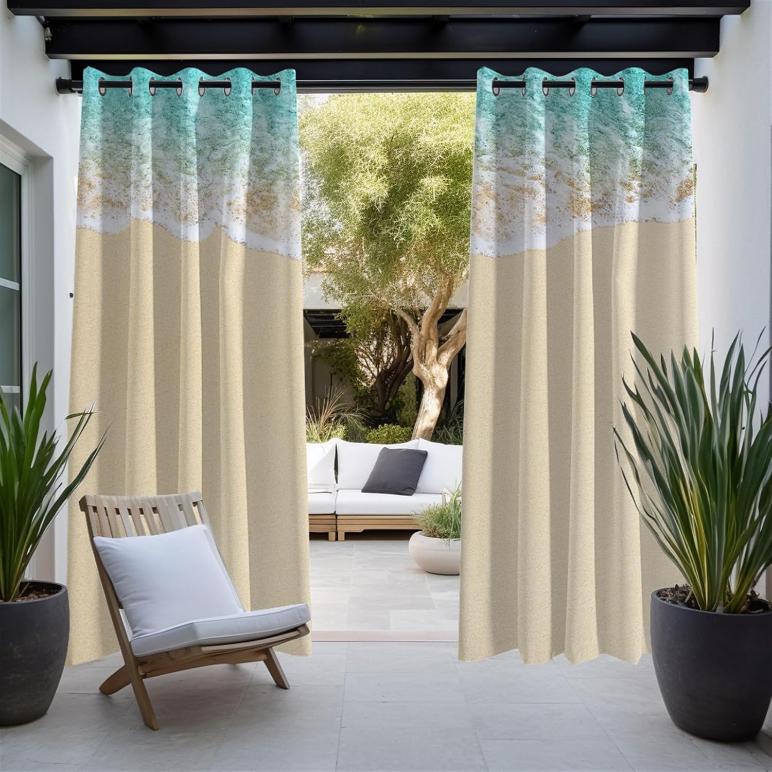 Outdoor Curtains for Patio Waterproof Privacy Curtains Blackout Thermal Insulated Grommet Top Curtains with Tropical Palm Tree Beach Landscape for Porch Pavilion Gazebo, 2 Panels, W104 x L84