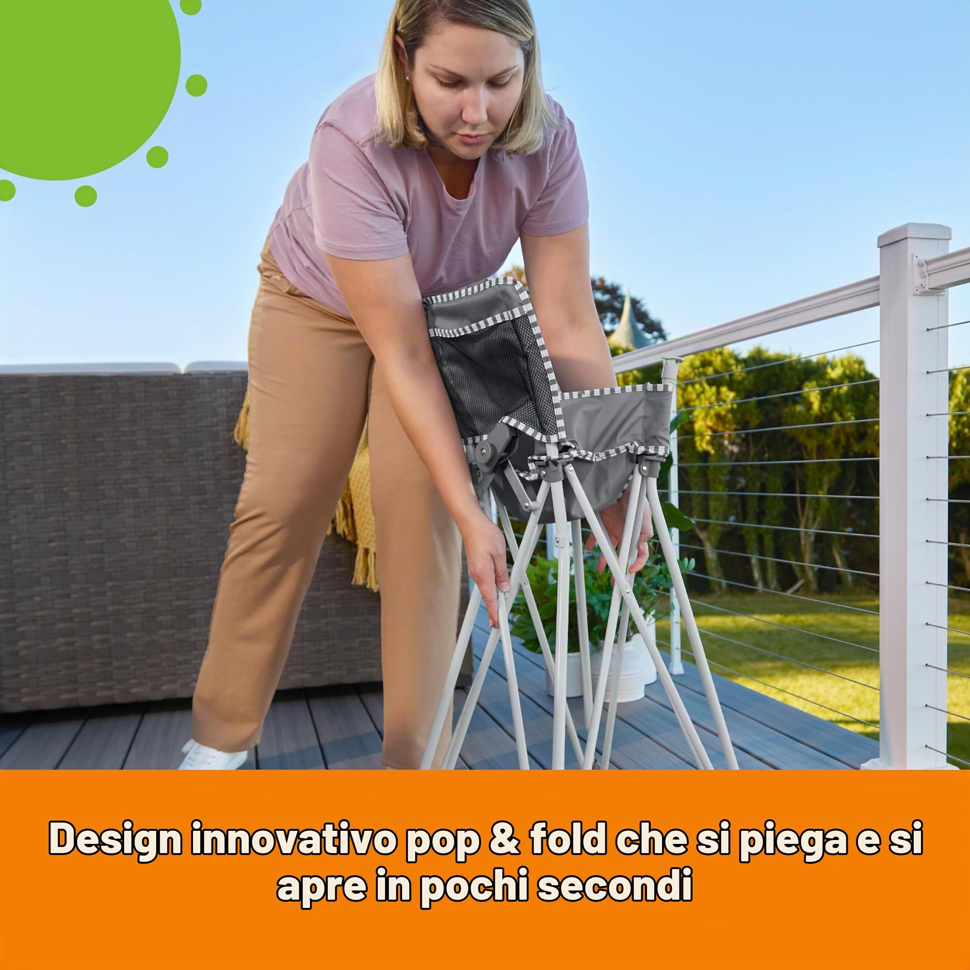 Bright Starts, Seggiolone Portatile Pop ‘N Dine, Uso Interno/Esterno, Vassoio Privo di BPA, Facile da Piegare e Trasportare, Unisex, Per Bambini a Partire da 6 Mesi, Grigio