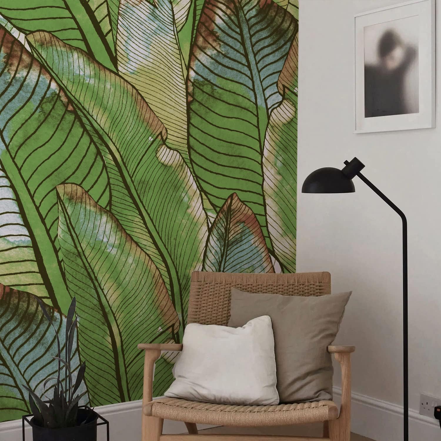 Peel and Stick Wall Mural, Leather Textured Vinyl Self-Adhesive Wallpaper for Bedroom Living Room Accent Wall Decor, Green Tropical Leaves, 92''x125'' Watercolor Green Tropical Leaves