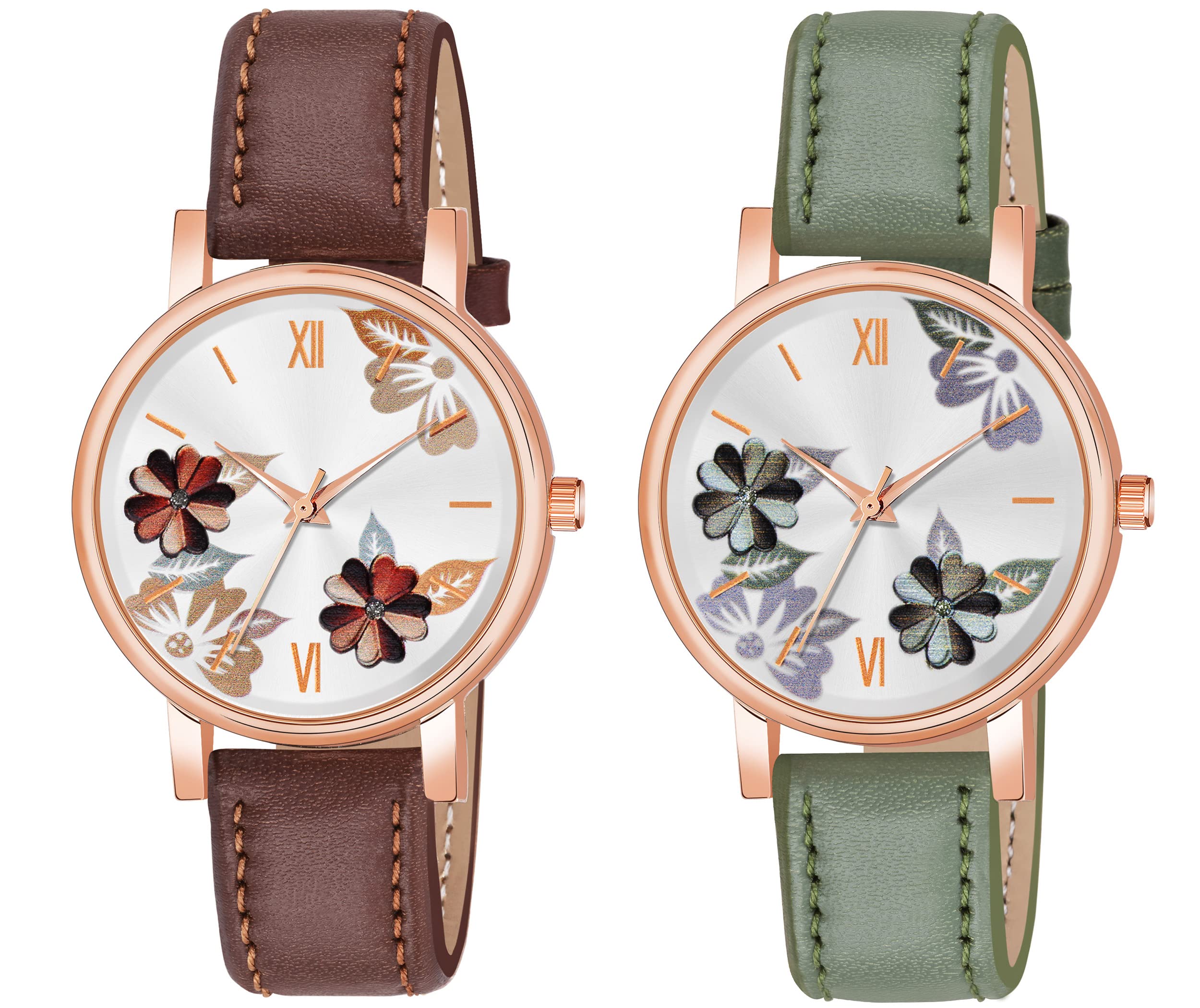 The Shopoholic Analog Flowered Dial Brown Green Colour Leather Strap Combo Watch for Womens and Girls Pack of 2 Watches (B0B3Y4LK41) Amazon Price History, Amazon Price Tracker