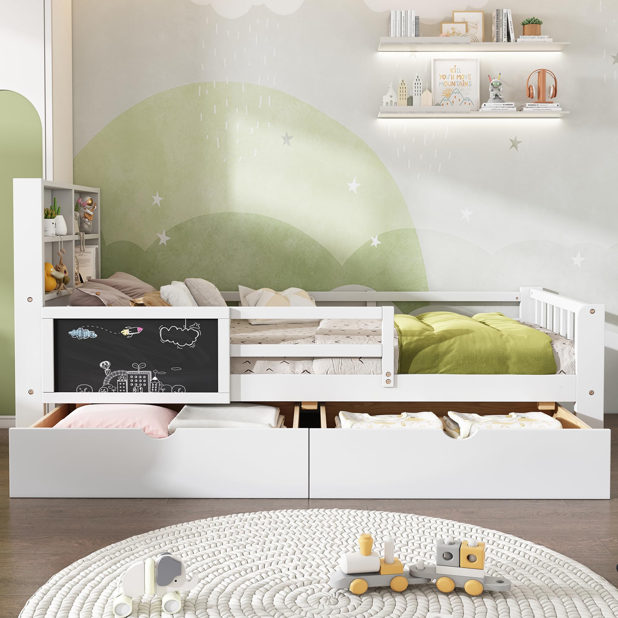 Cama Infantil 90 x 200cm, Cama Individual con Varias Funciones, Protección Anti-Caída y Somier, Cama para Niños con Cajones y Pizarra, sin Colchón, Blanco