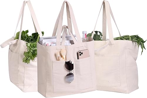 Bolsas de lona de lujo para comestibles espaciosas y elegantes, algodón de 12 onzas con diseño de doble correa, 6+2 bolsillos, lavables  Bolsas