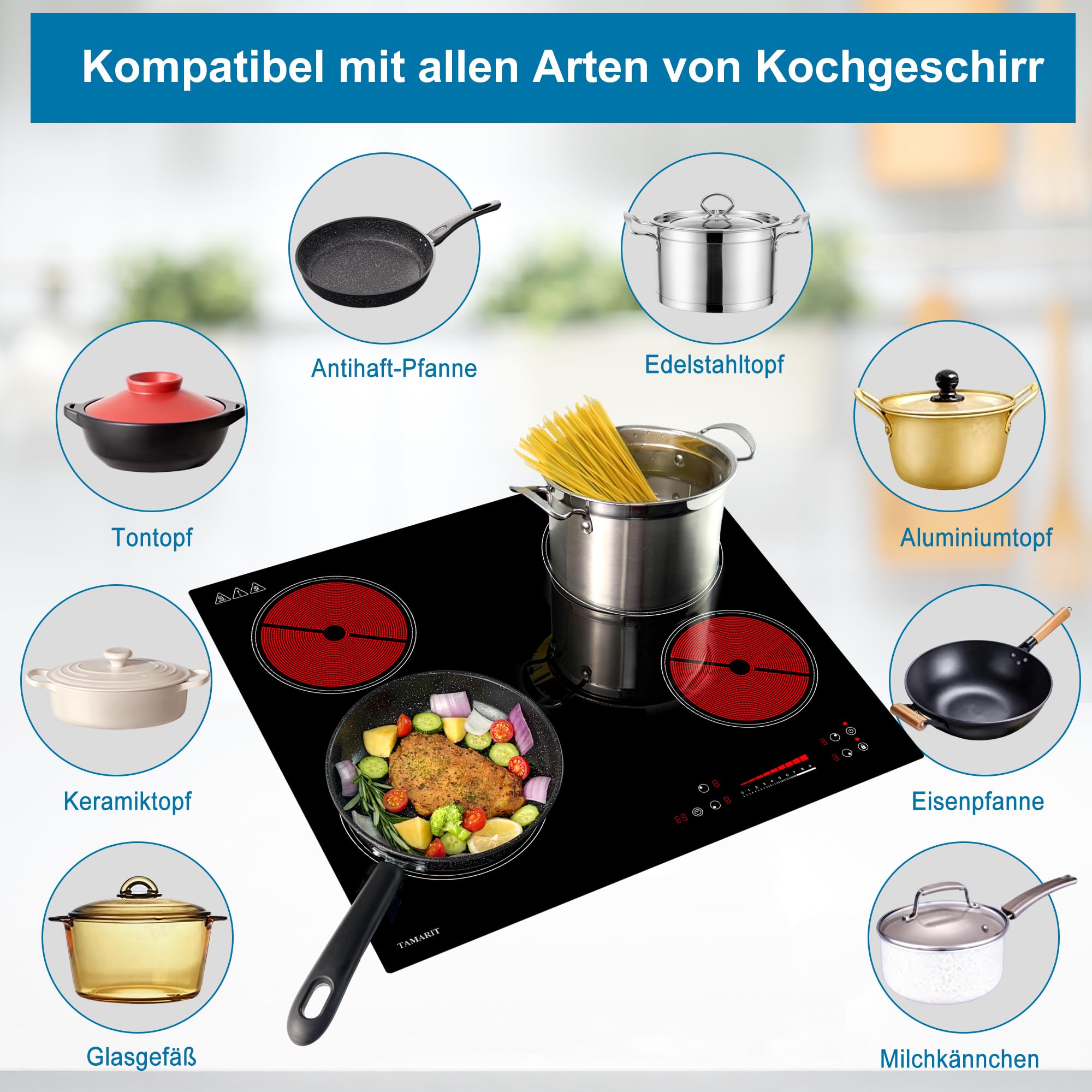 TAMARIT Glaskeramikkochfeld Autark 4 Zonen Elektro-Kochfeld 6000W mit Slider-Touch Timer Einbau-Herdplatte Kindersicherung Restwärmeanzeige Schwarz