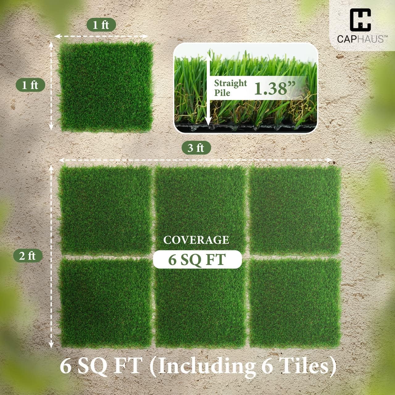 CAPHAUS Artificial Grass Turf Tiles for Patio, Self-Draining Interlocking Fake Faux Grass Pet Turf for Dog Potty Training, Grass Mat Tiles for Outdoor Indoor Flooring Décor, 12” X 12” Set of 6 PCS