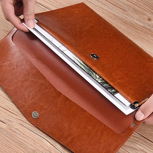 Miniatura 5 de Enyuwlcm Carpeta de archivo A4 de cuero de la PU, portadocumentos con cierre a presión para el contrato de recibo, color marrón