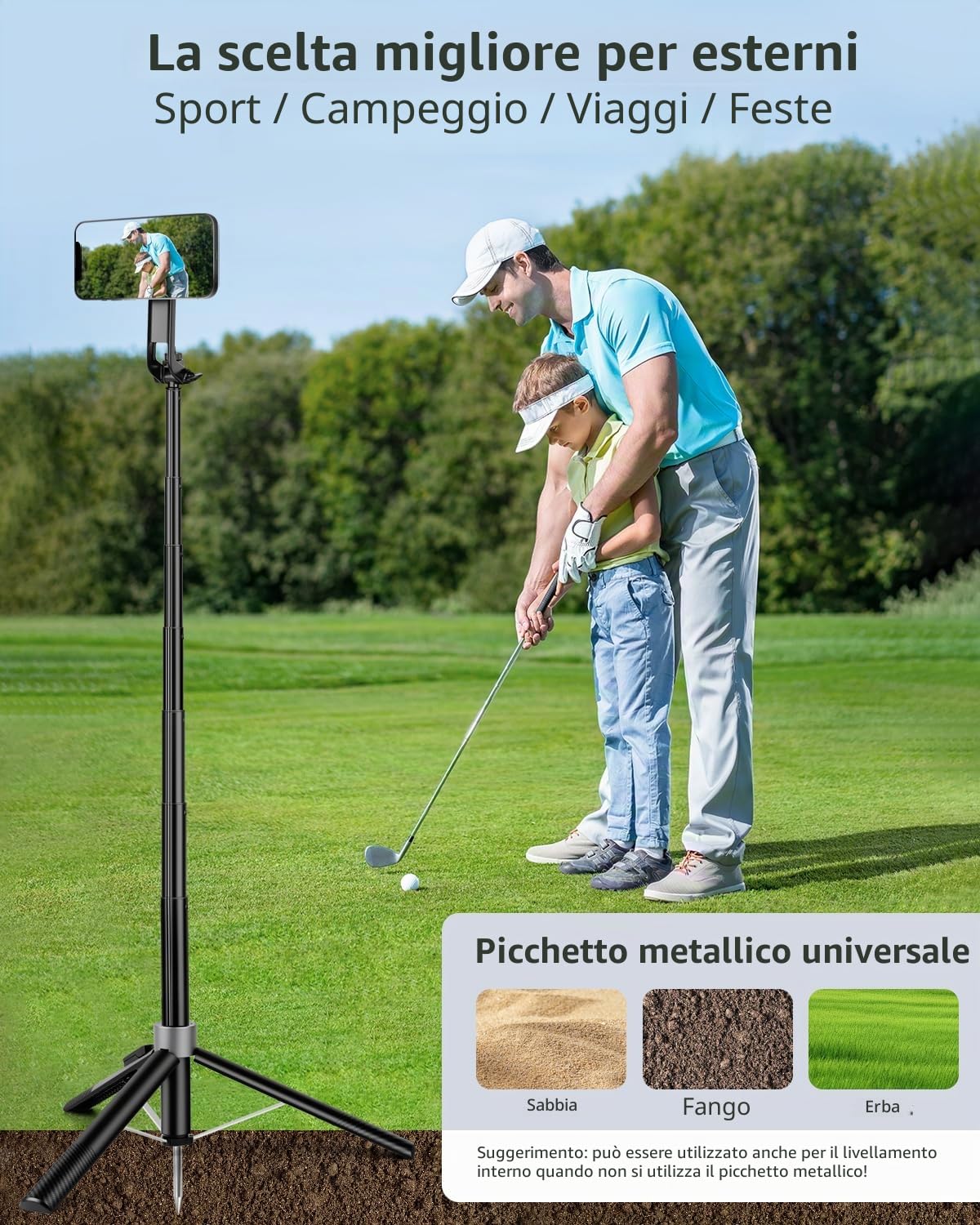 Victiv 178cm Magnetico Treppiede Smartphone, All-in-One Bastone Selfie Cavalletto per Smartphone, Portatile Treppiede da Golf con Picchetti Metallici, Tre Piedi per iPhone Telefono da Viaggio