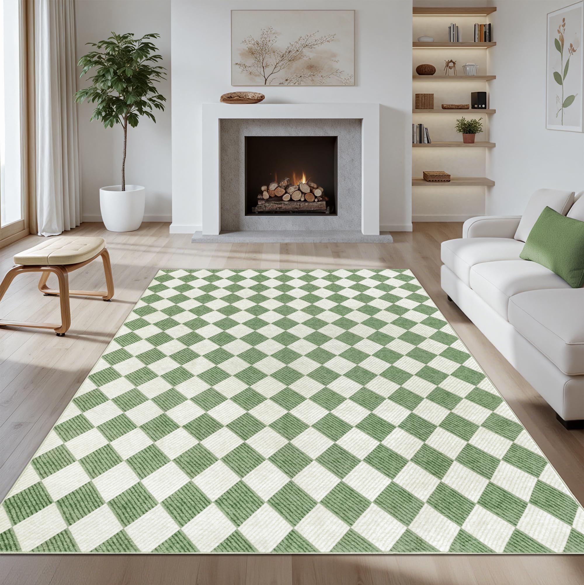 Kiginara Washable Green Checkered Rug 5x7, Non-Slip Low Pile Area Rug for Living Room, Bedroom, Nursery, Modern Neutral Farmhouse Diamond Carpet, Pet & Kid Friendly